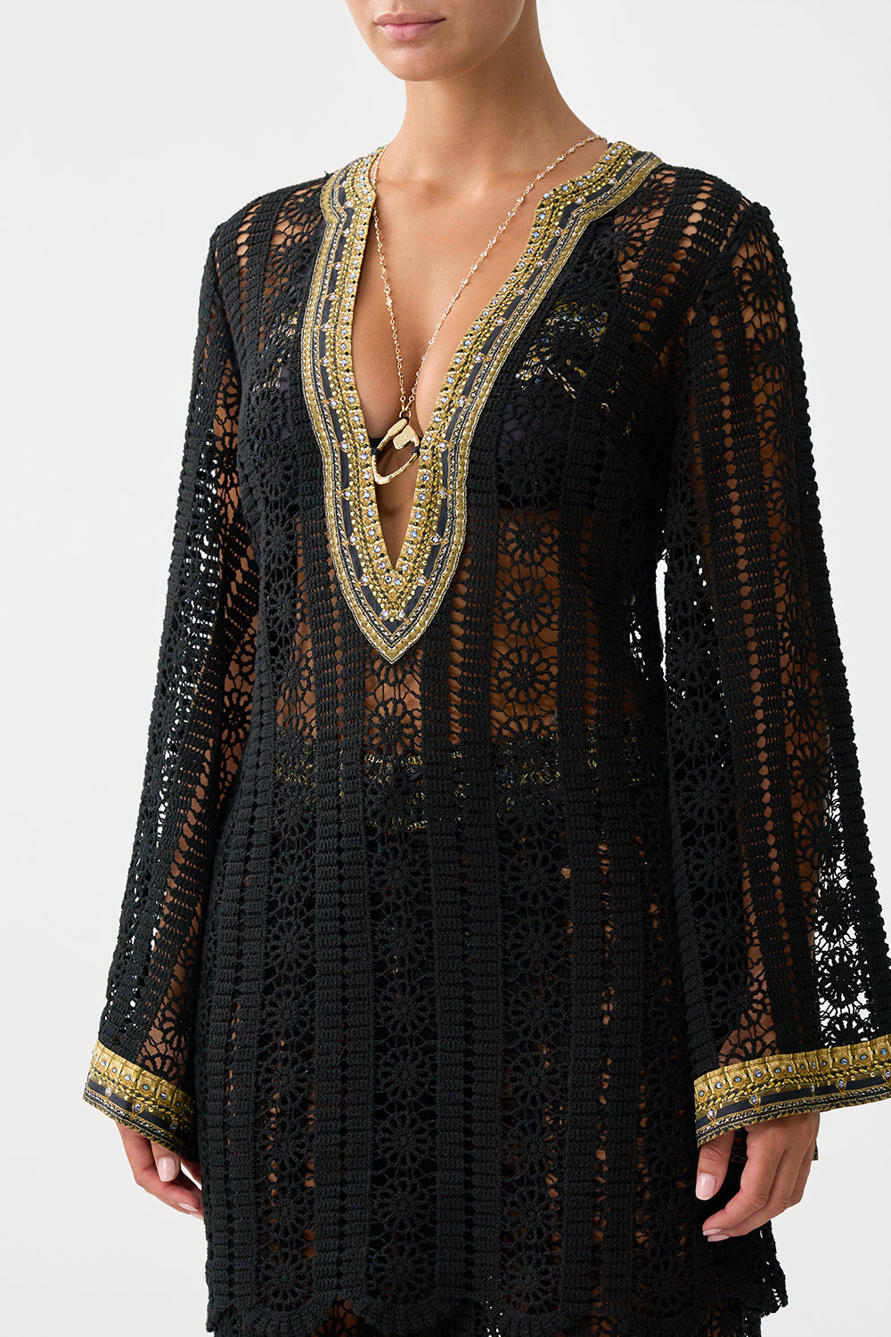 LACE DEEP V NECK HARDWARE SHORT DRESS - 5