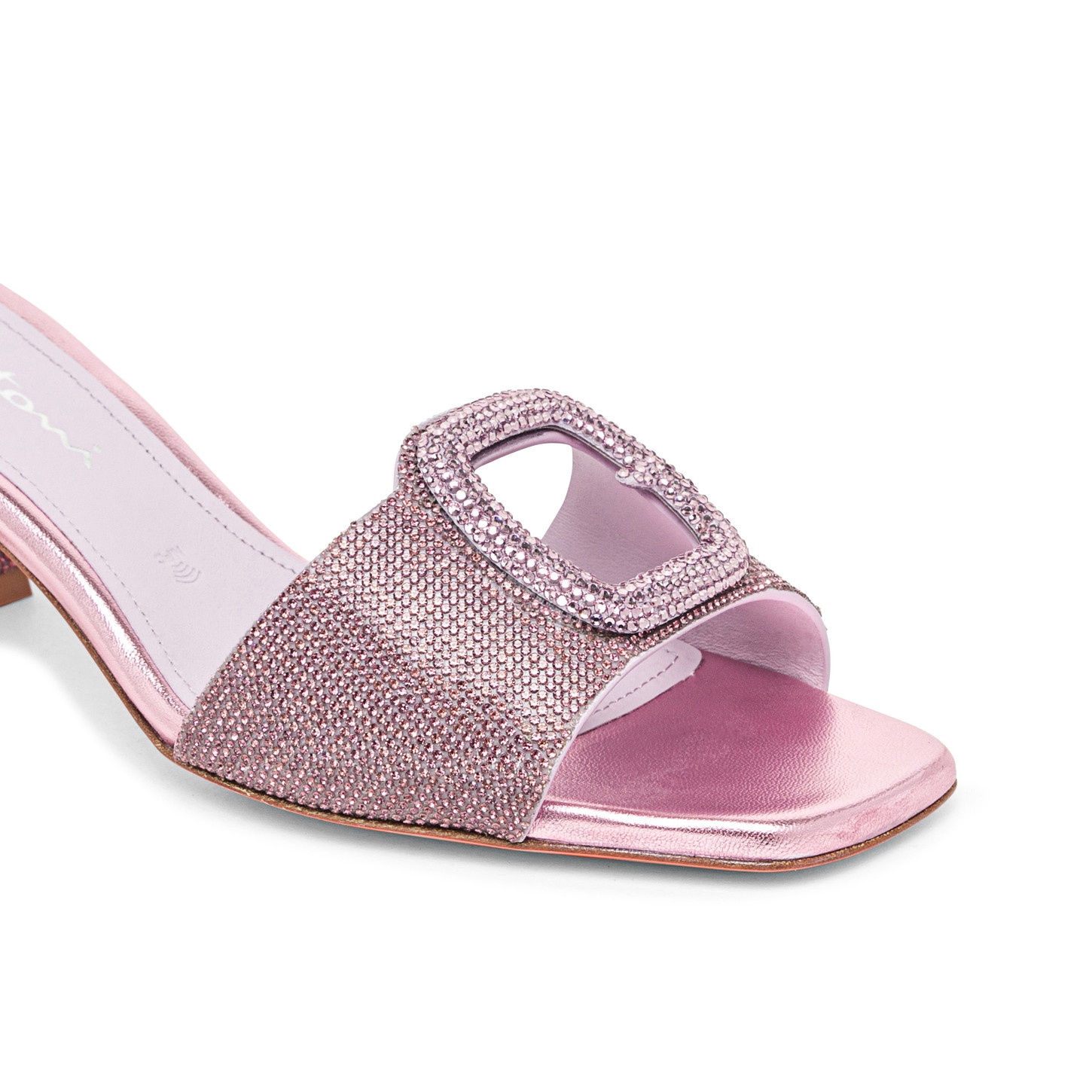 Women's pink laminated leather and crystals mid-heel sandal - 5