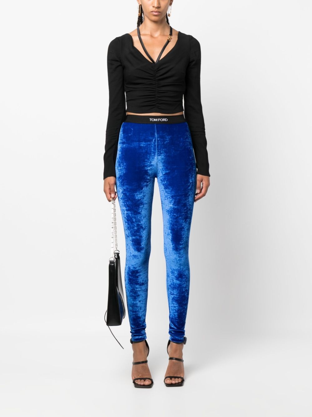 logo-waistband velvet leggings - 2