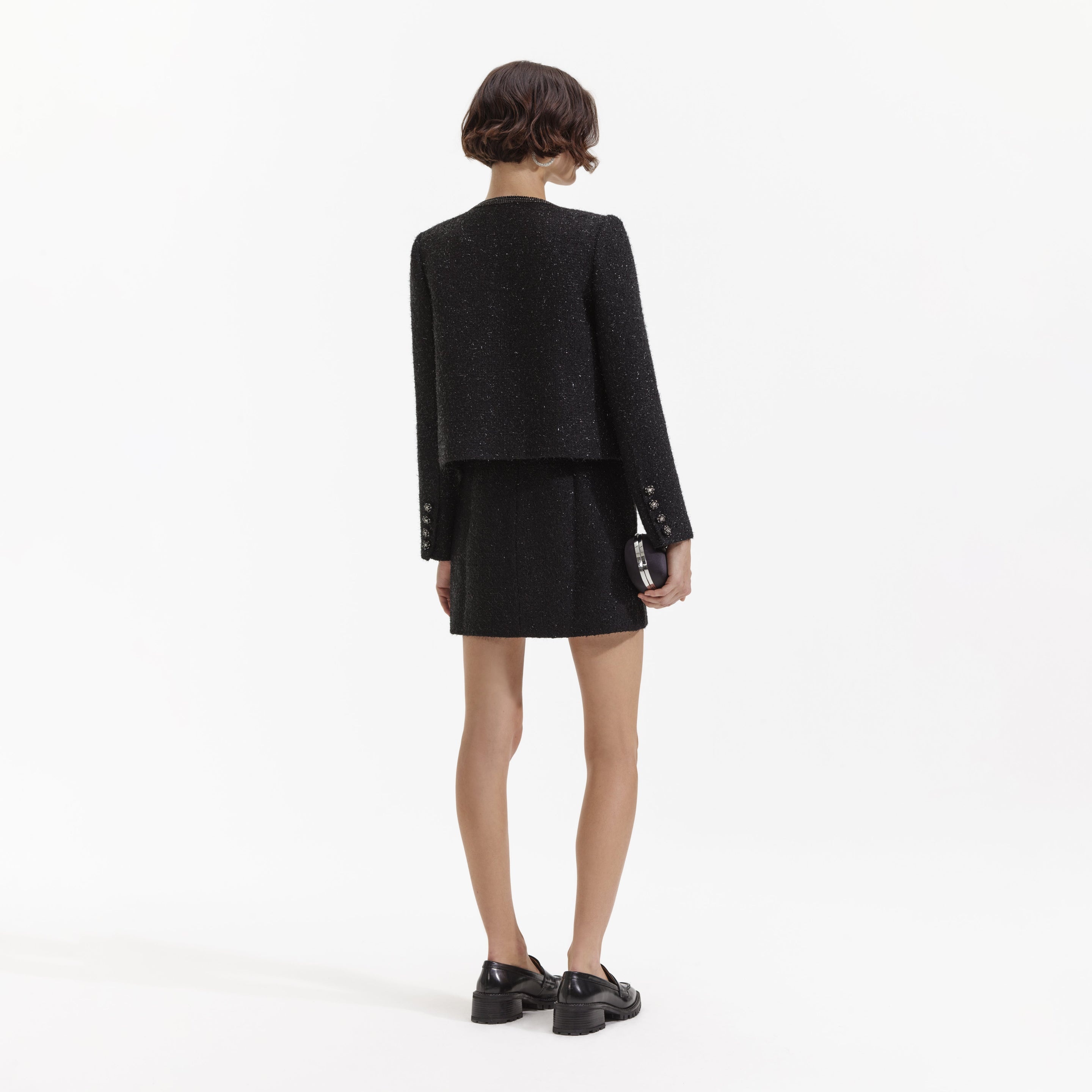 Black Boucle Trimmed Jacket - 4
