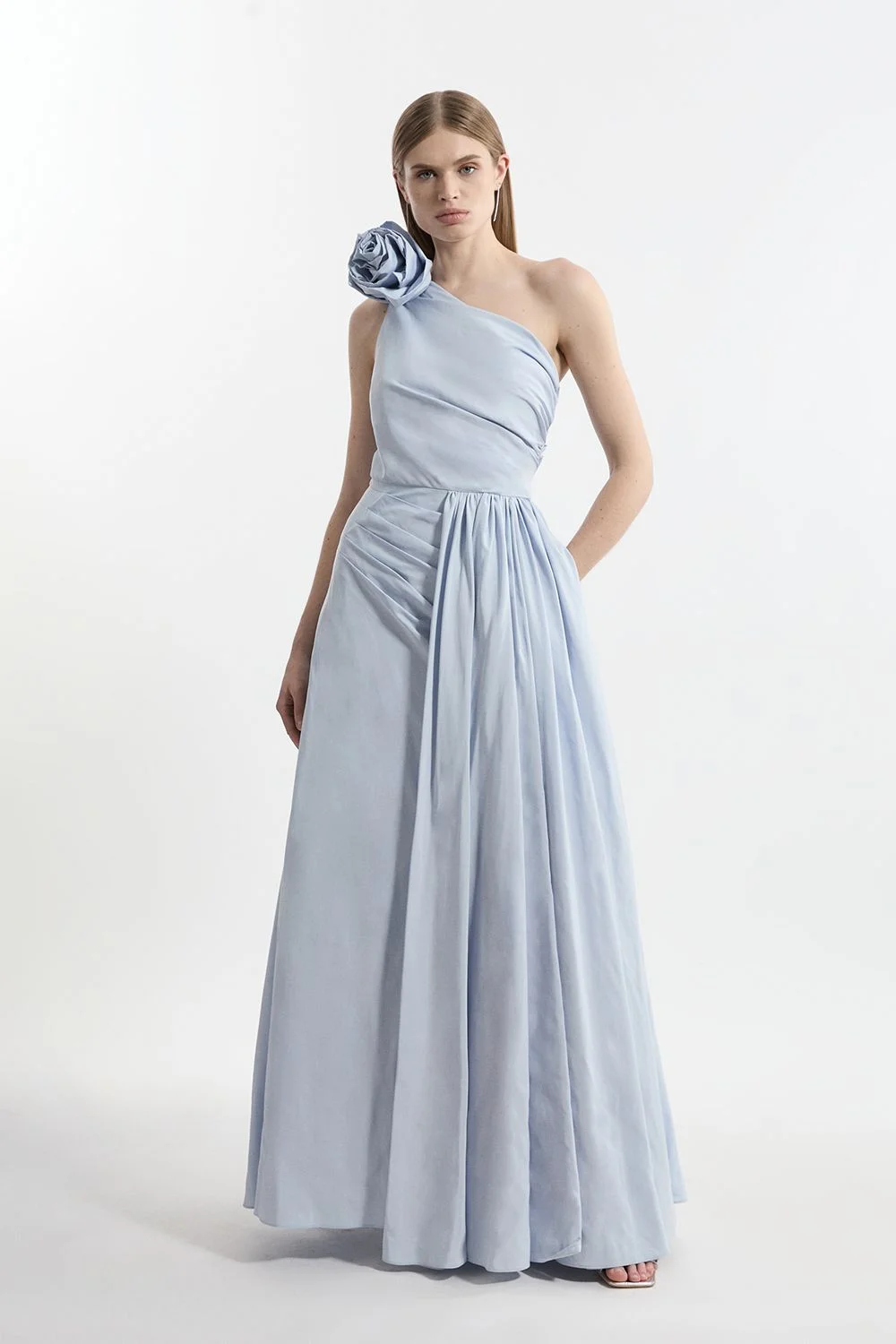 Petite Taffeta Rosette Neck Tailored Pleat Gathered Maxi Dress - 1