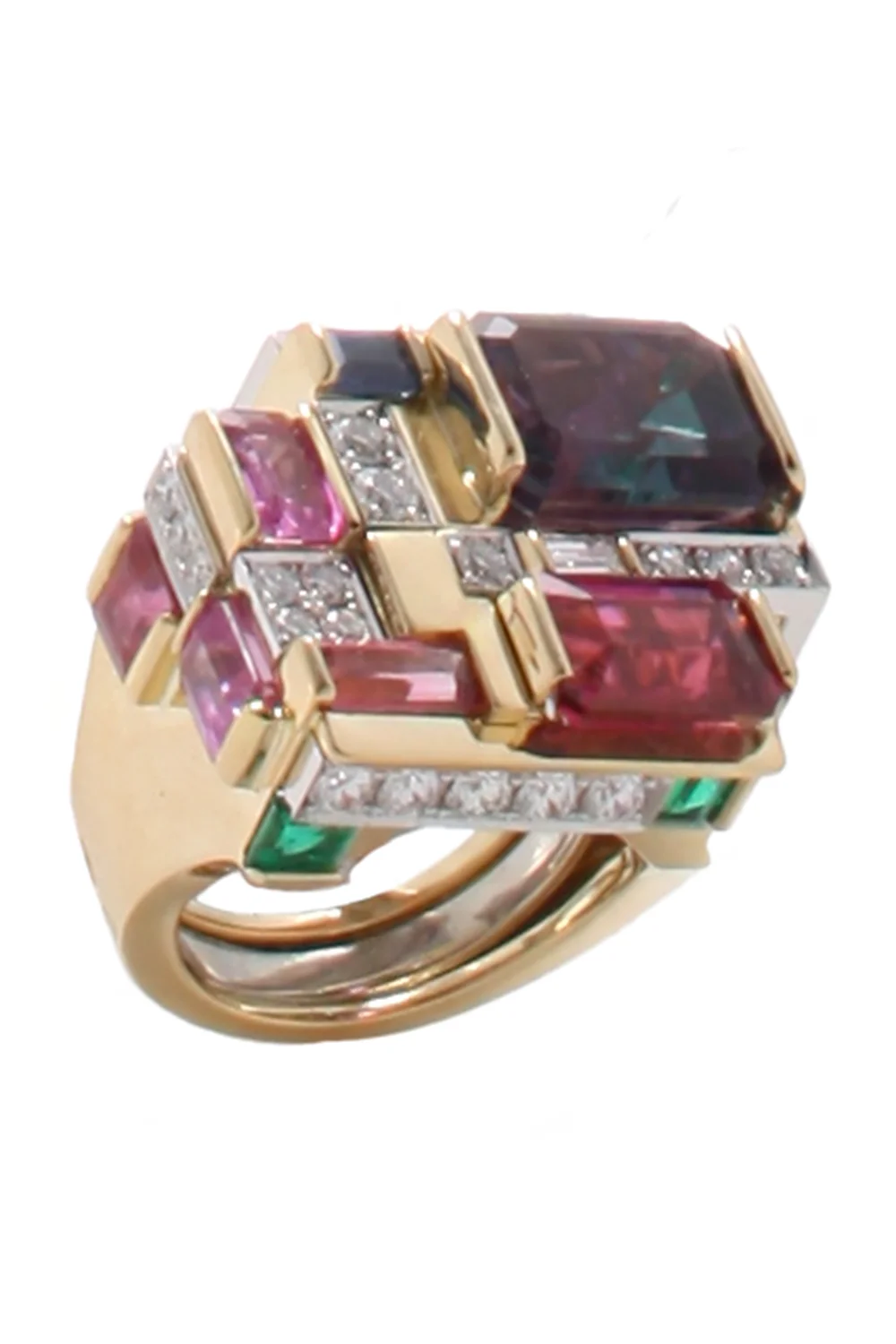 Amethyst Rubellite Diamond Cubist Ring - 1