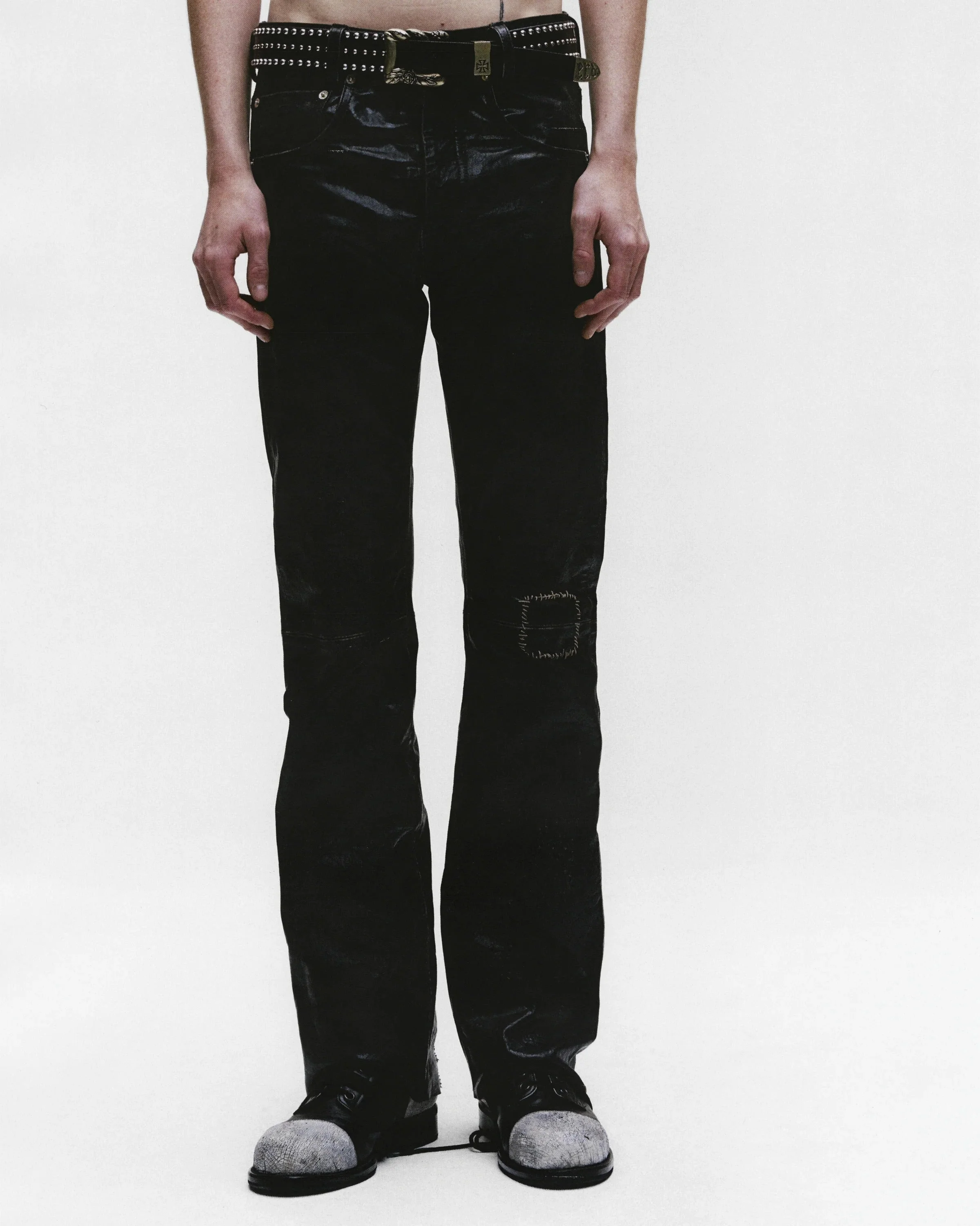 ENFANTS RICHES DEPRIMES - Men Crust Repaired Leather Flare Jeans - 1