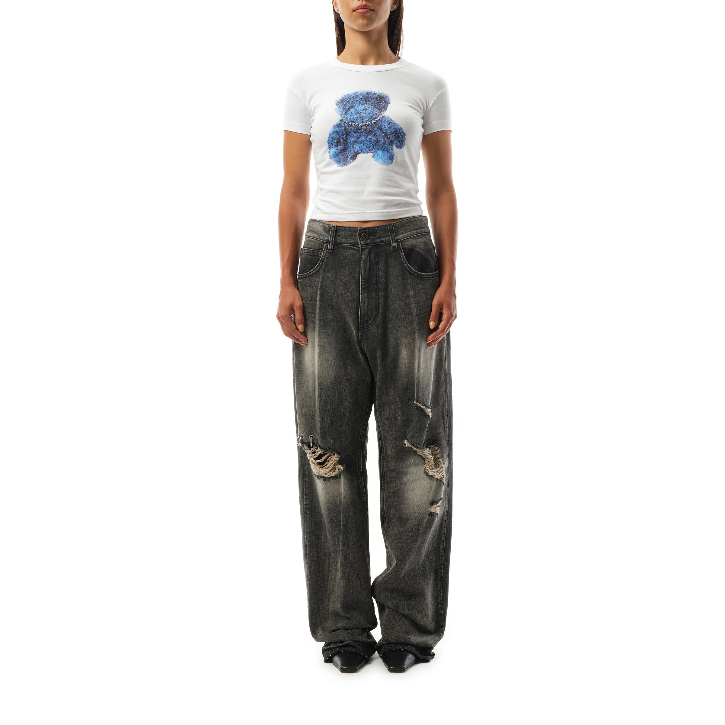 Womens Studded Bear Cropped T-Shirt in White - 4