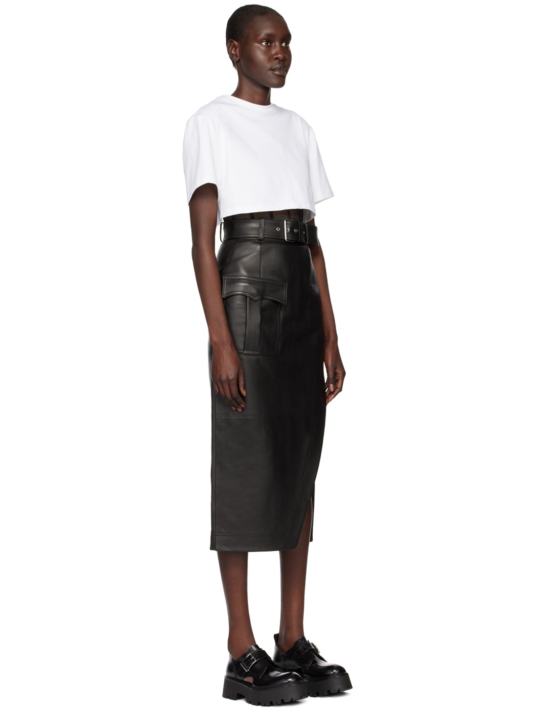 Black Slashed Leather Midi Skirt - 2