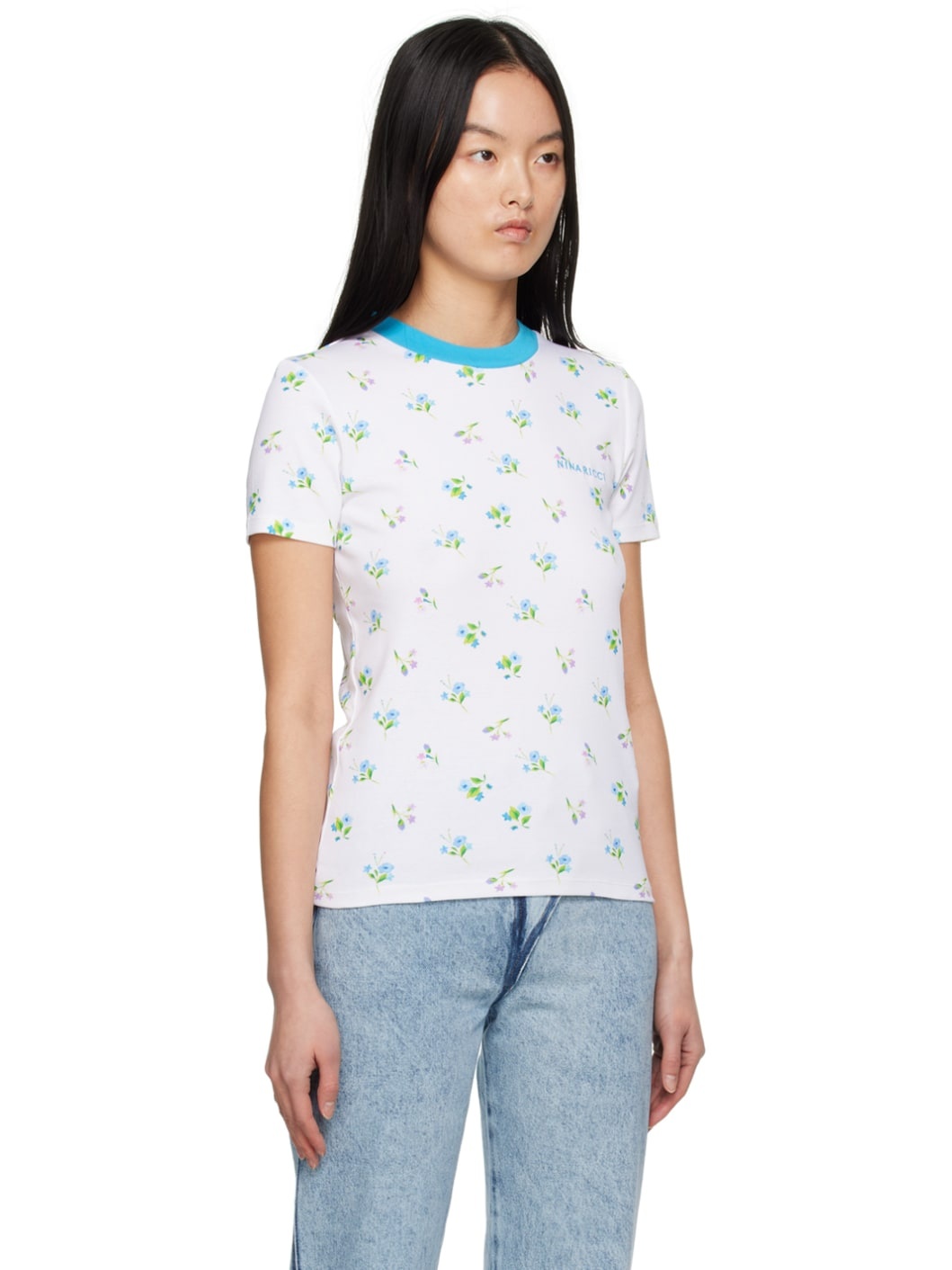White & Blue Floral T-Shirt - 2