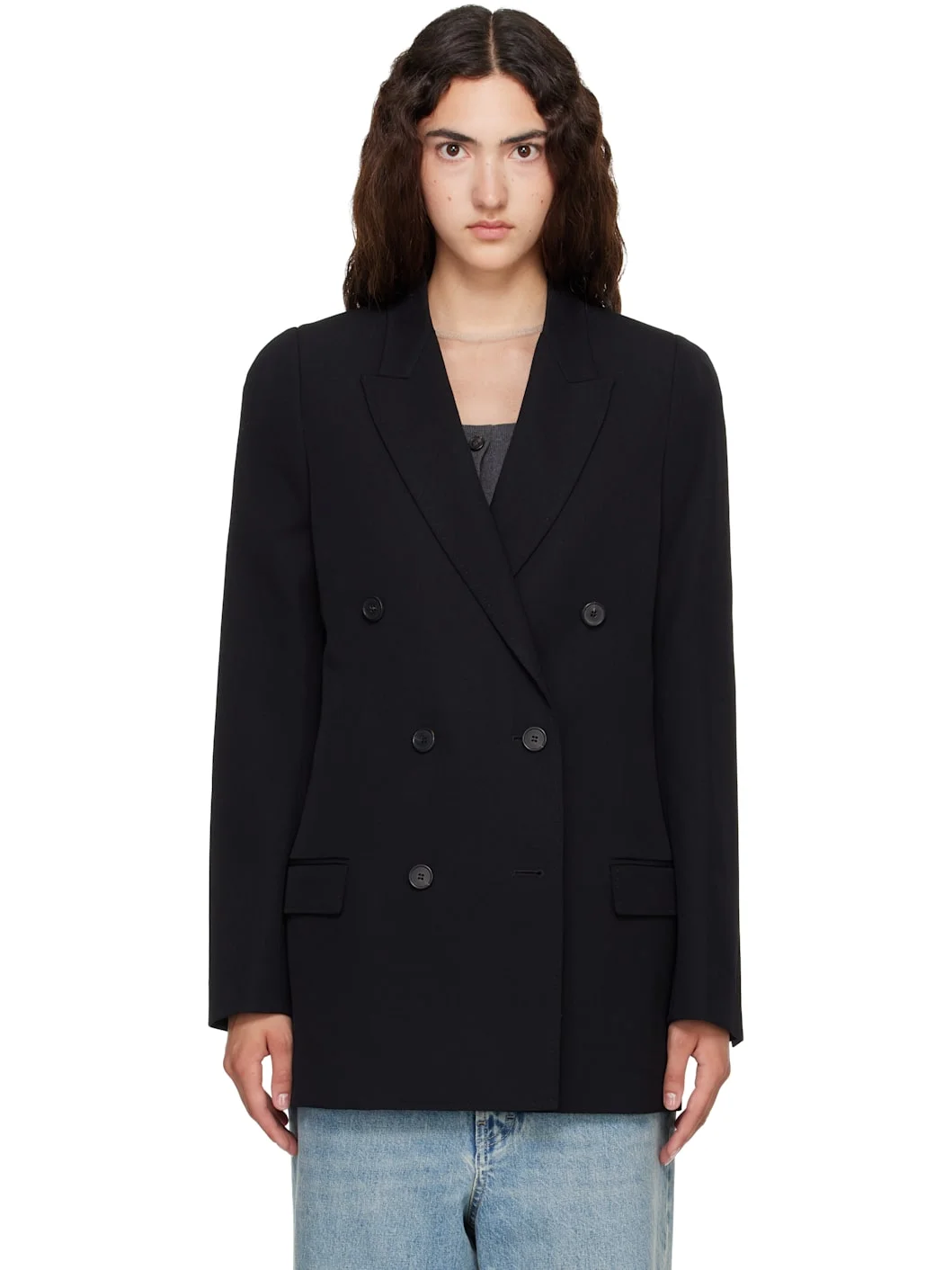 Black Double Breasted Wool Blazer - 1