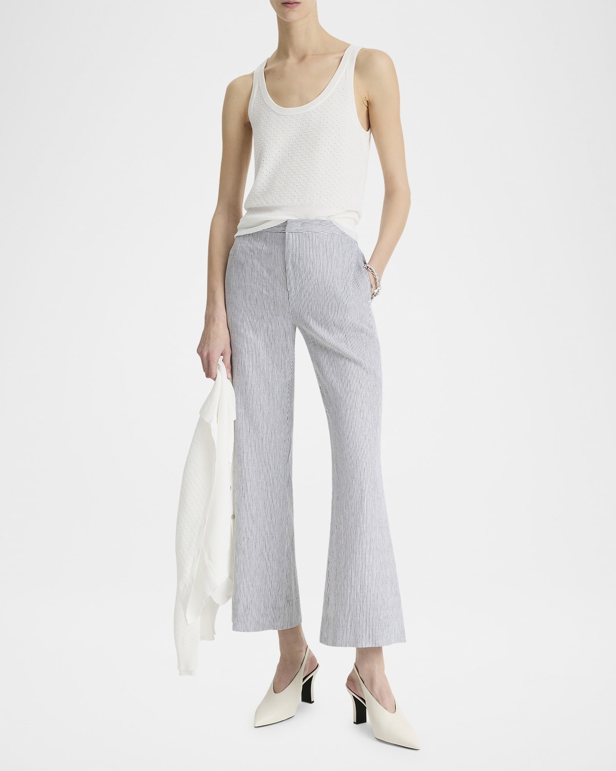 Ticking Stripe Cropped Flare Trousers - 2