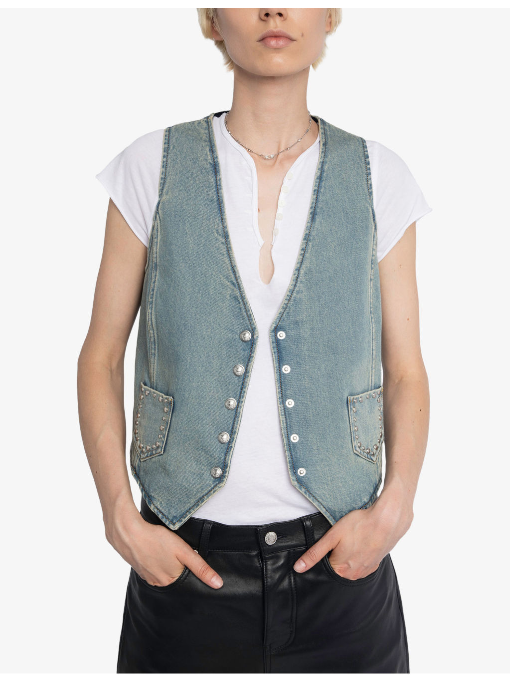 Gillier V-Neck Patch-Pocket Denim Waistcoat - 3