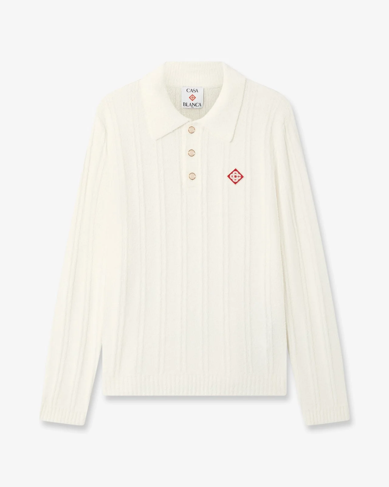 White Boucle Long Sleeve Polo Shirt - 1