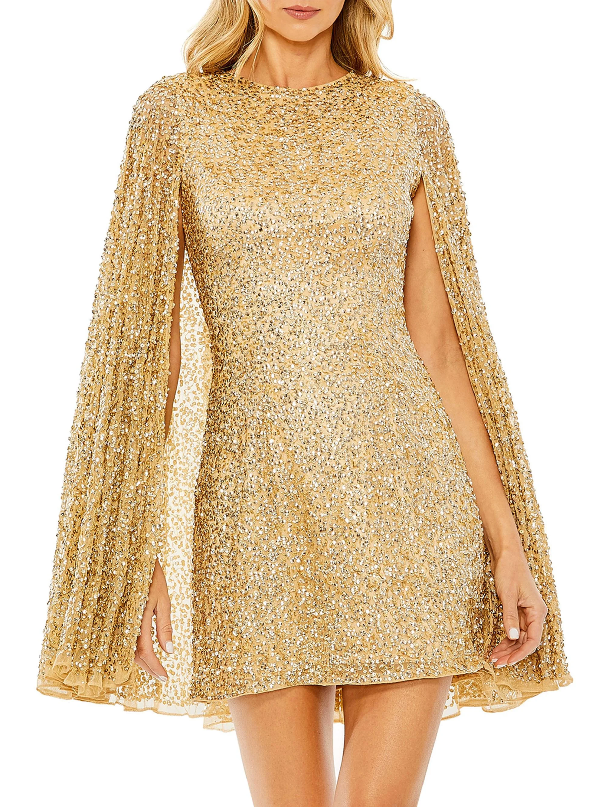 Women's Sequined Cape Minidress - Gold - 1