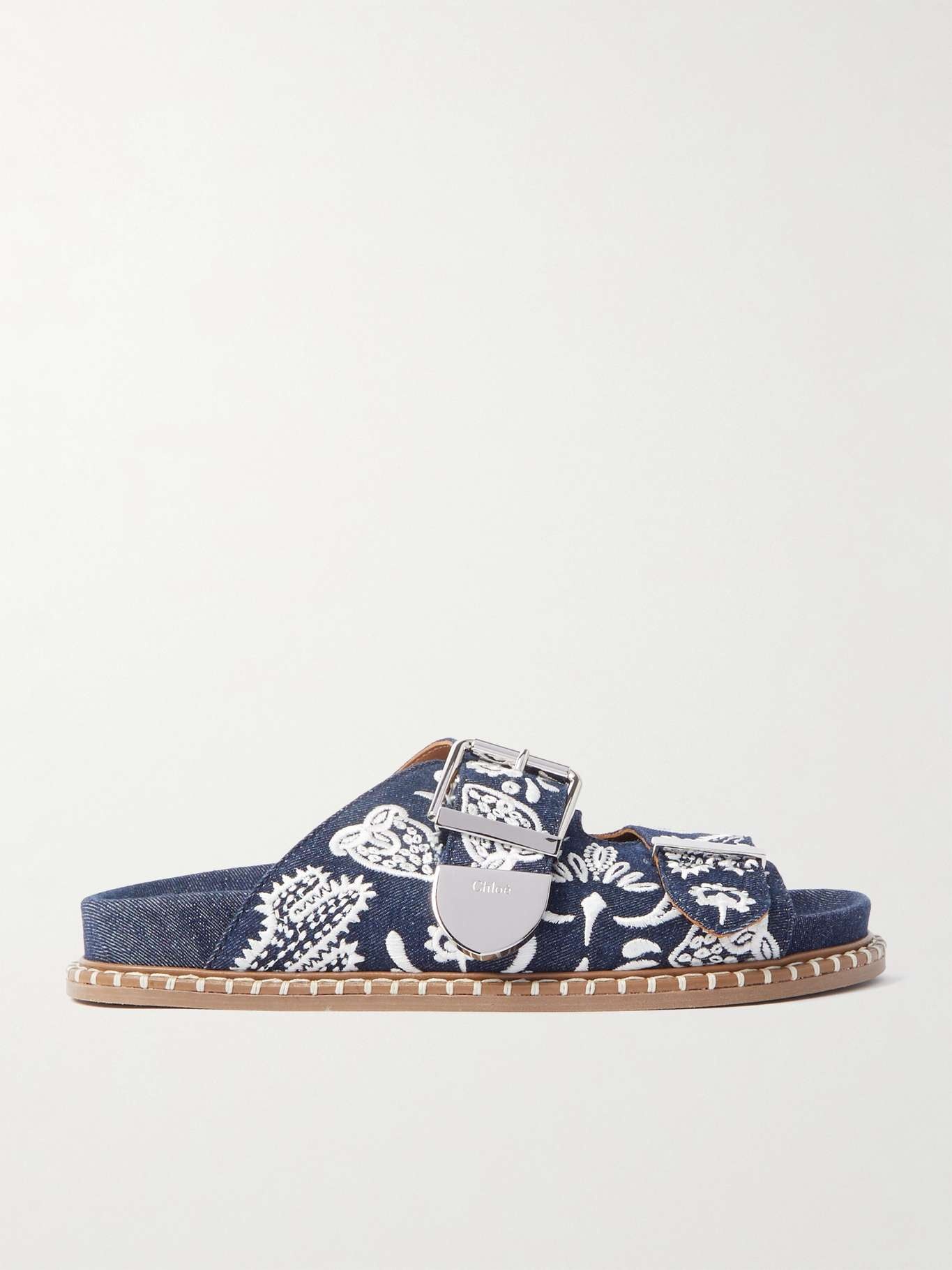 Rebecca whipstitched embroidered denim slides - 1