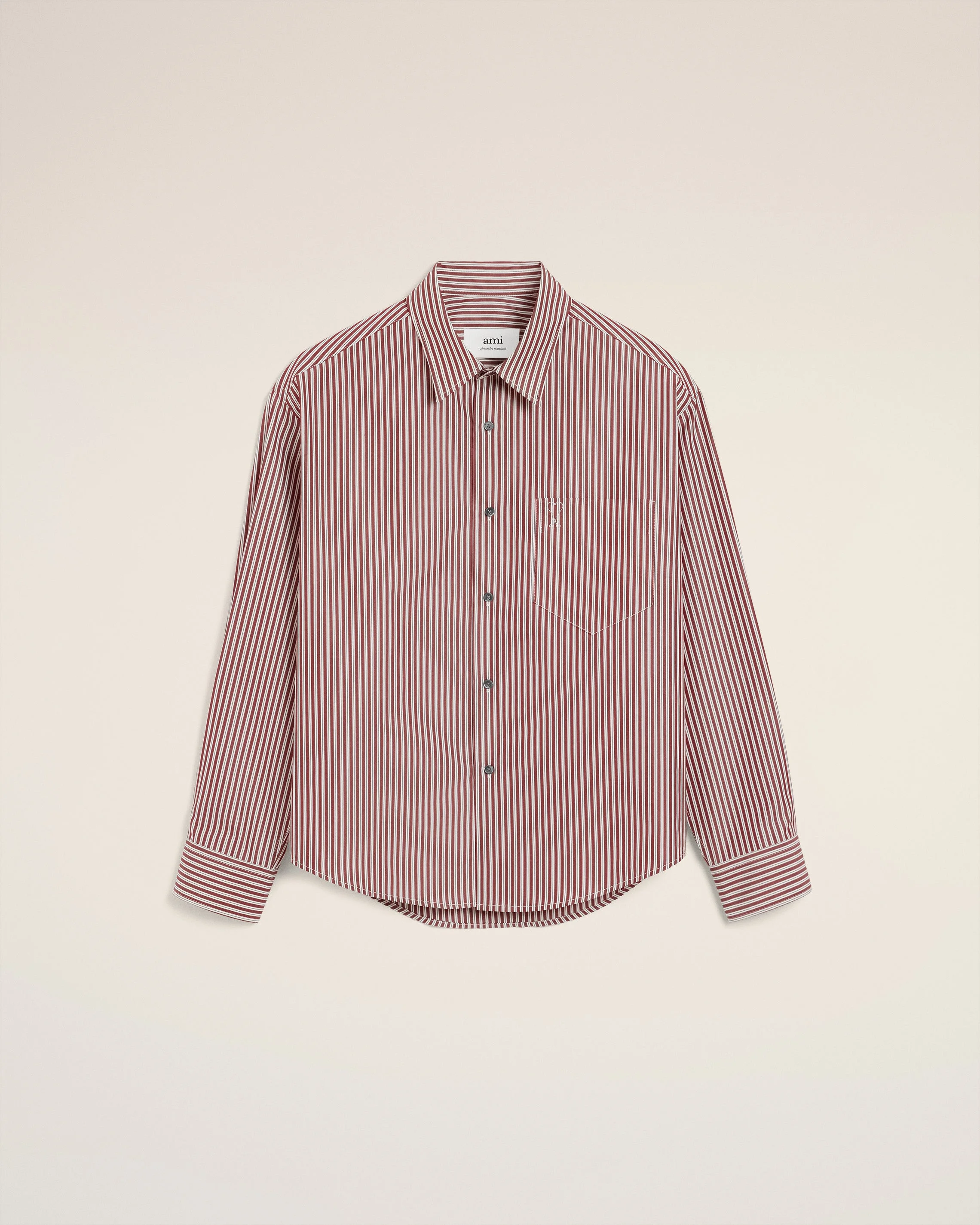 BURGUNDY COTTON EMBOSSED AMI DE COEUR STRIPED BOXY SHIRT - 1