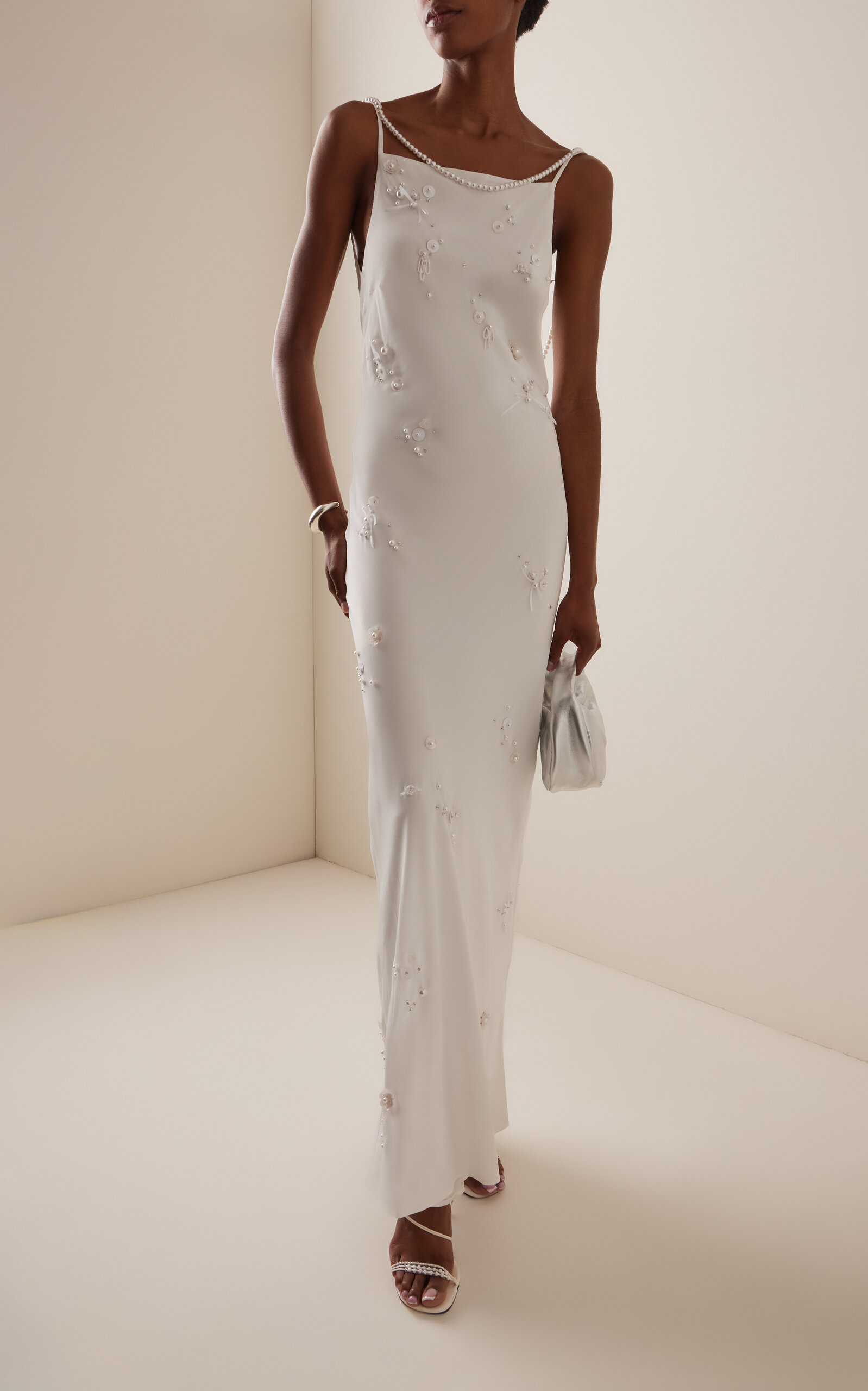 Pearl-Embroidered Silk Maxi Slip Dress white - 3