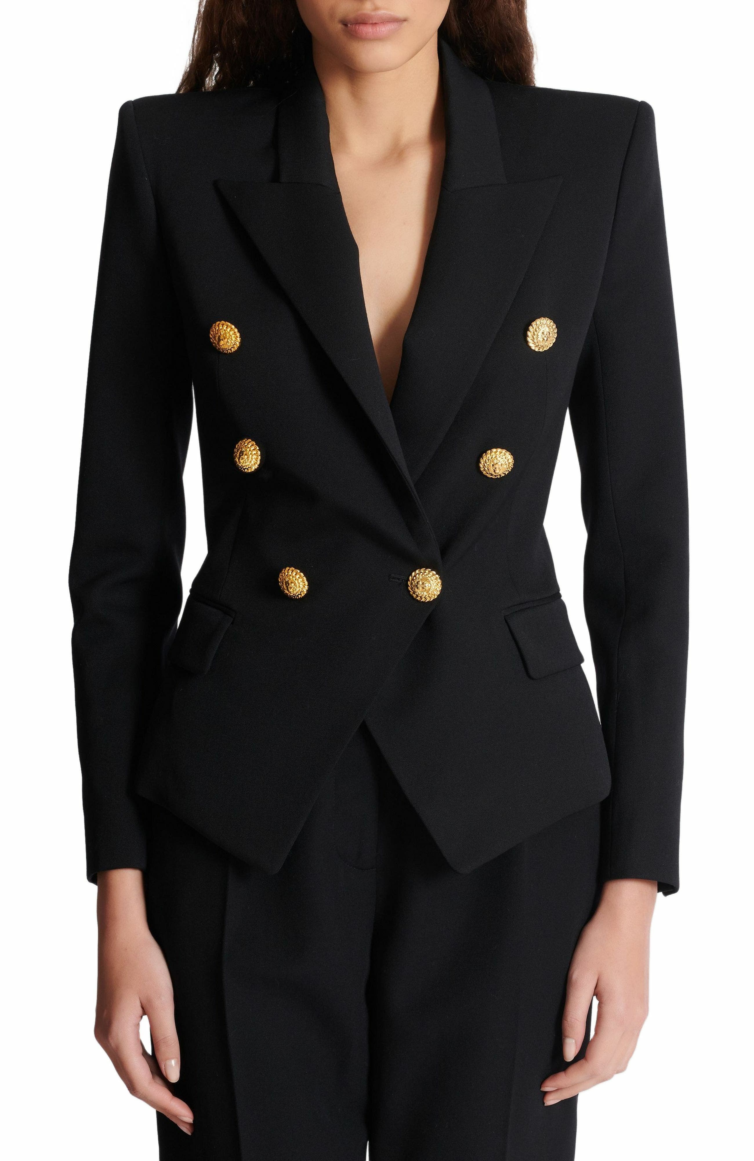 Balmain Grain de poudre 6-button fitted jacket in Black at Nordstrom - 8