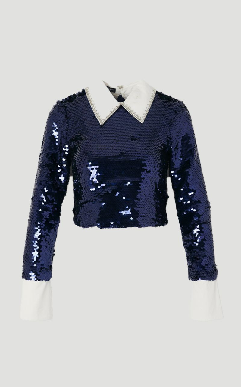 Sequin Woven Long Sleeve Woven Cropped Top 4
