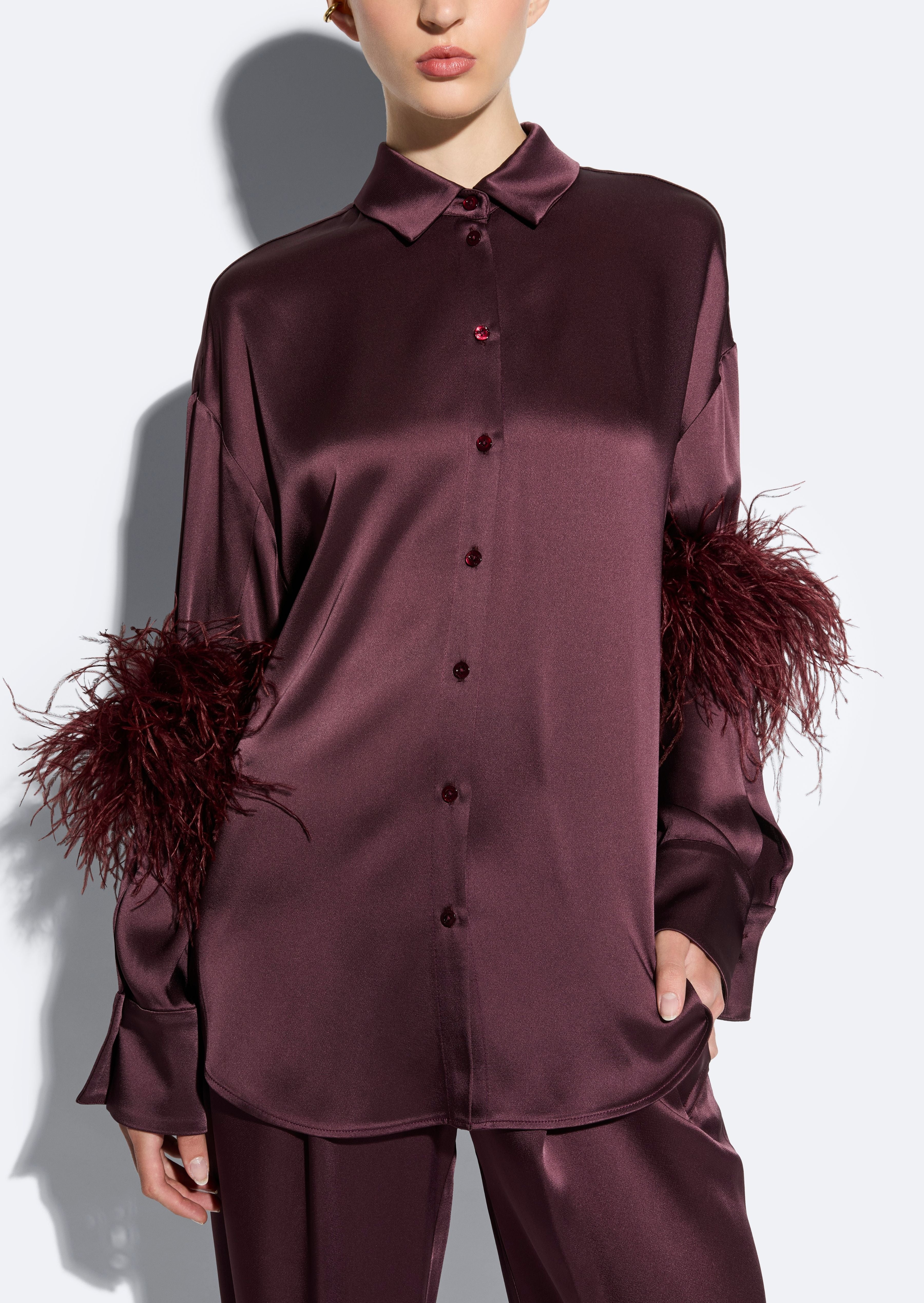 Satin Button Down With Feathers - 4