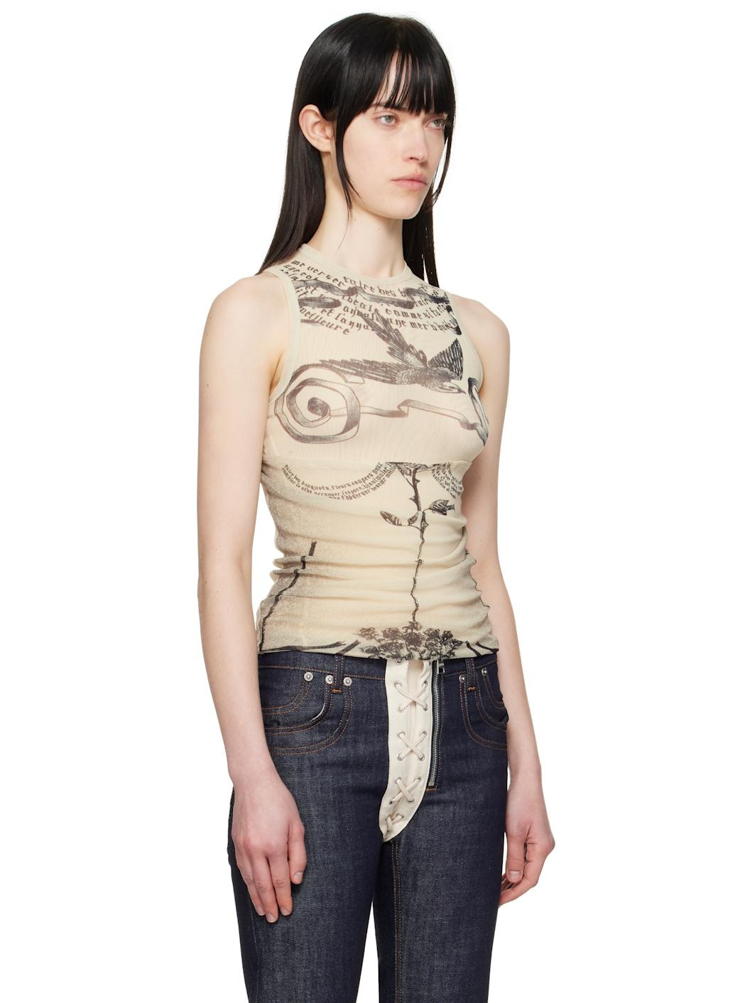 Beige 'The Tattoo Rose and Bird' Tank Top - 2