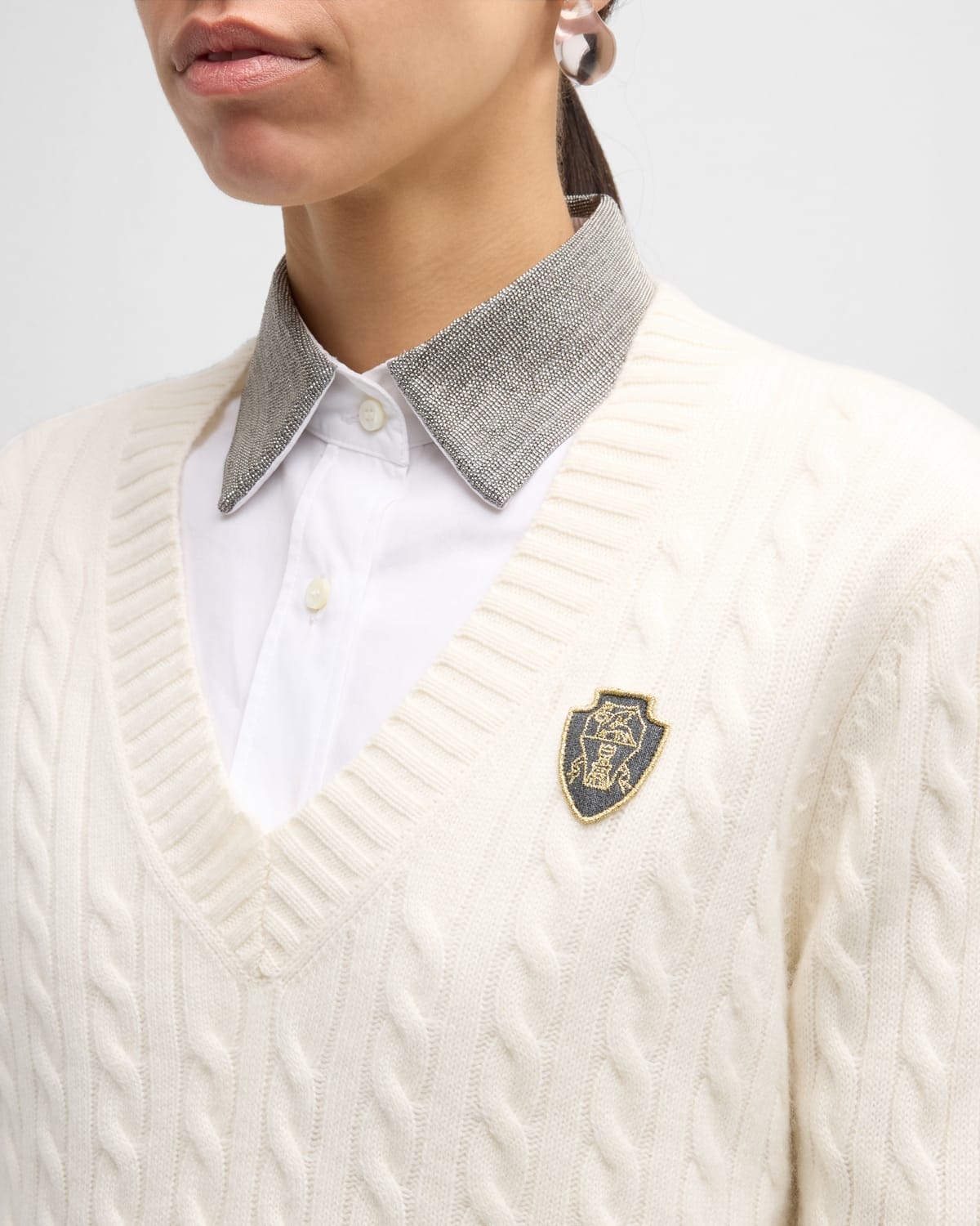 Cashmere Cable-Knit Sweater with Crest Embroidery - 6