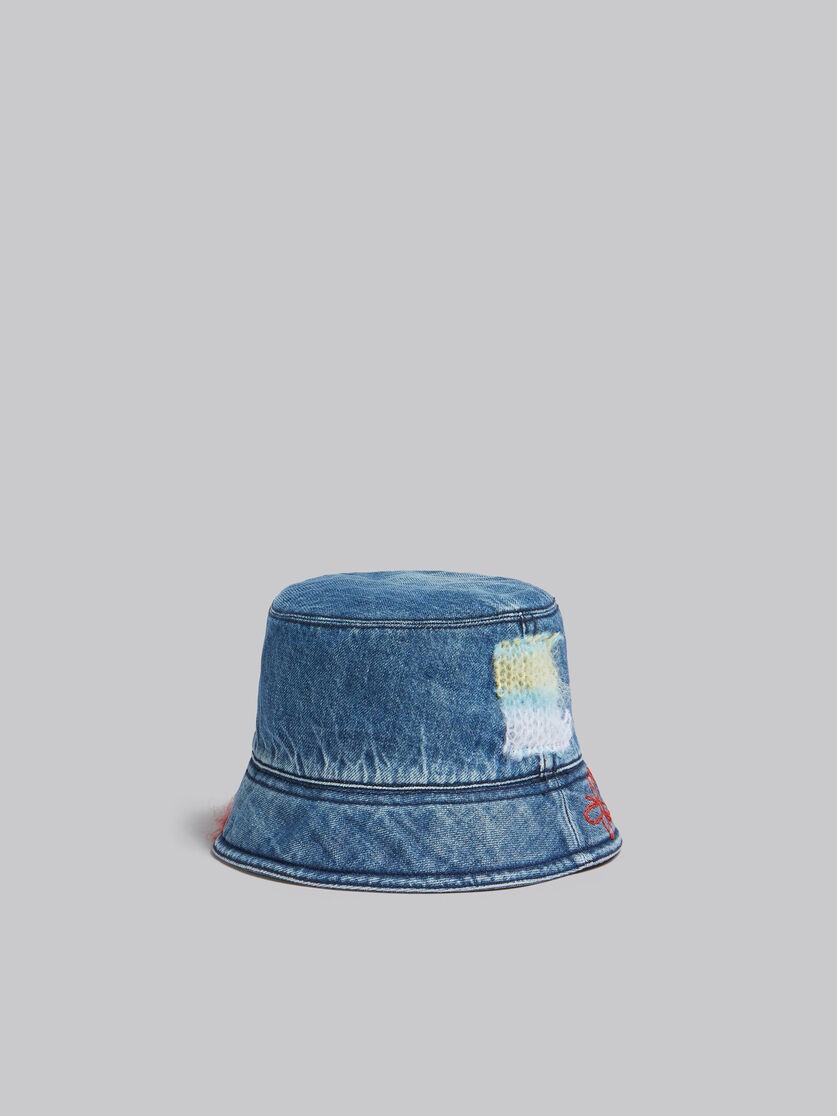 BLUE ORGANIC DENIM BUCKET HAT WITH MOHAIR PATCHES - 3