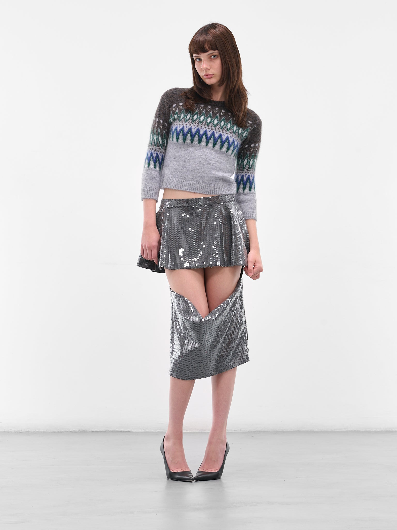Gray Jacquard Knit Cropped Sweater - 6