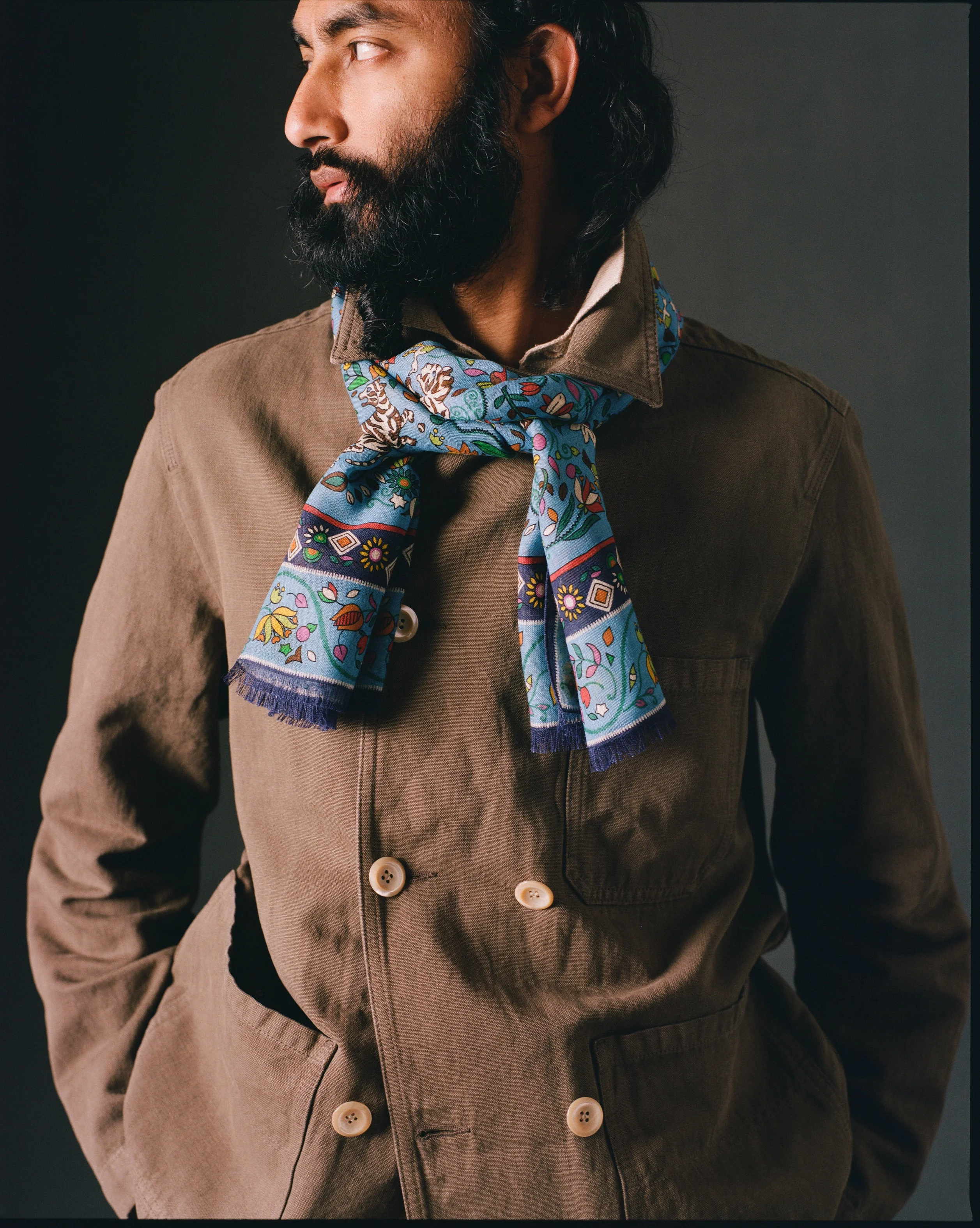 Blue Tiger Garden Print Wool Silk Scarf - 1