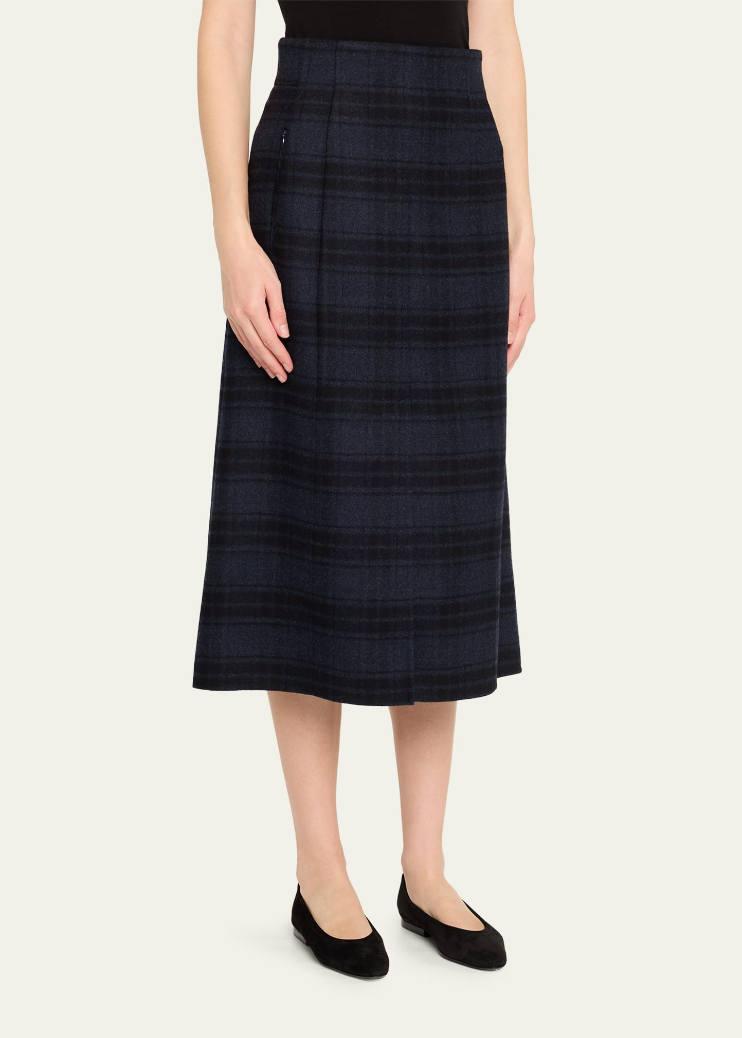 Check Wool Double Face A-Line Midi Skirt - 4