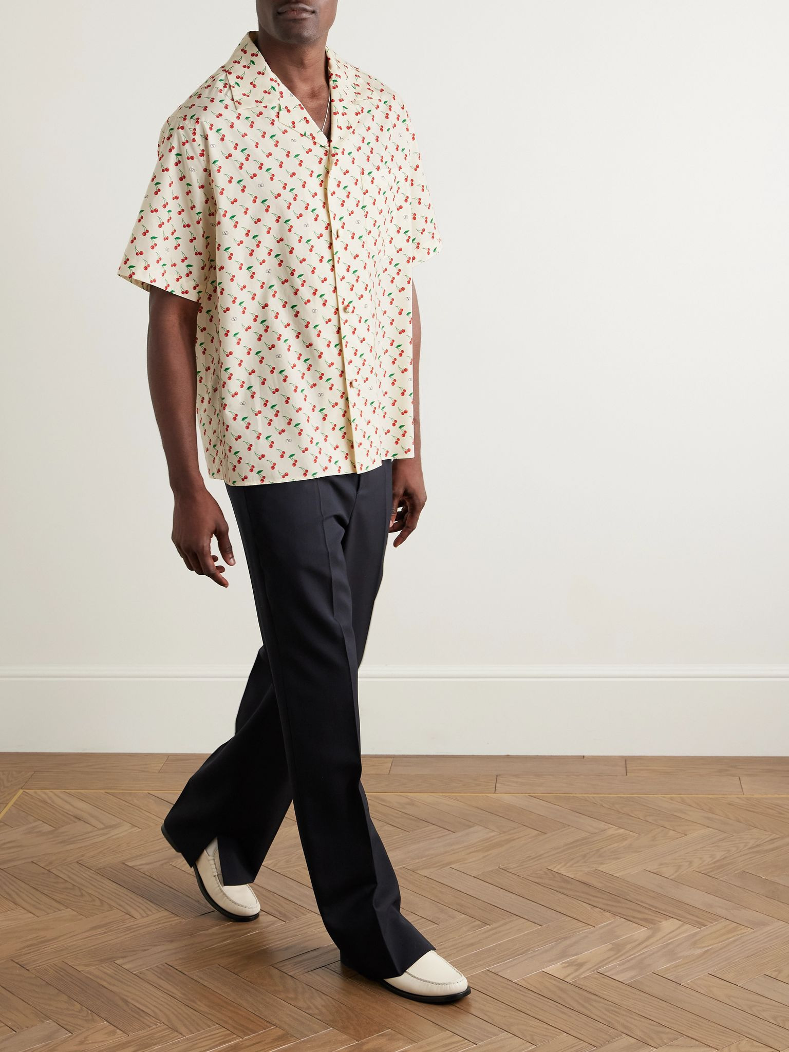 Camp-Collar Printed Cotton-Poplin Shirt Cream - 2