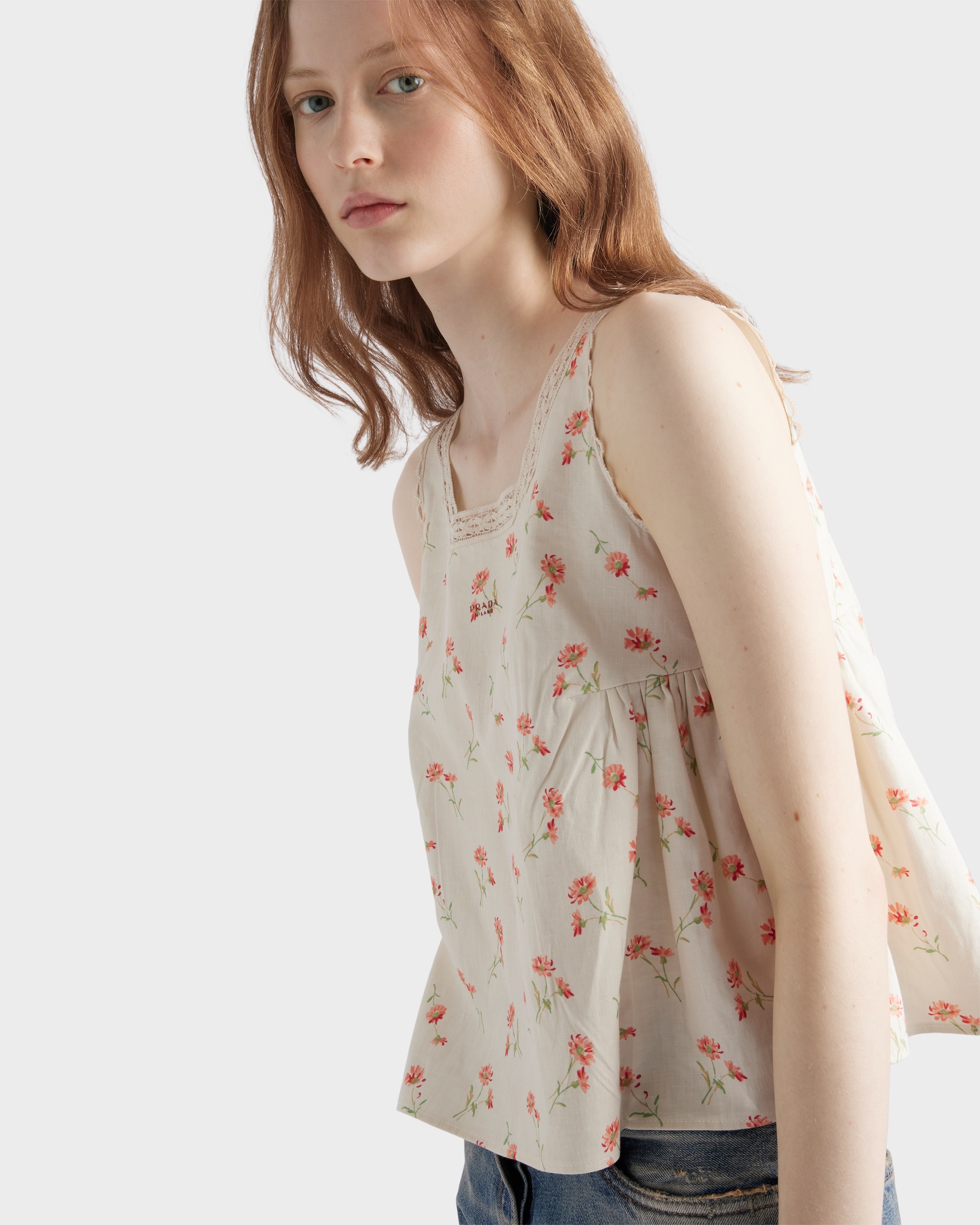 Embroidered floral print linen top - 3