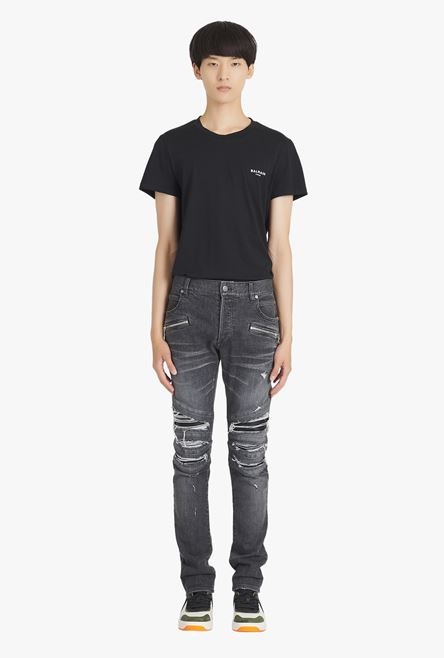 Slim cut ripped black faded cotton jeans - 4