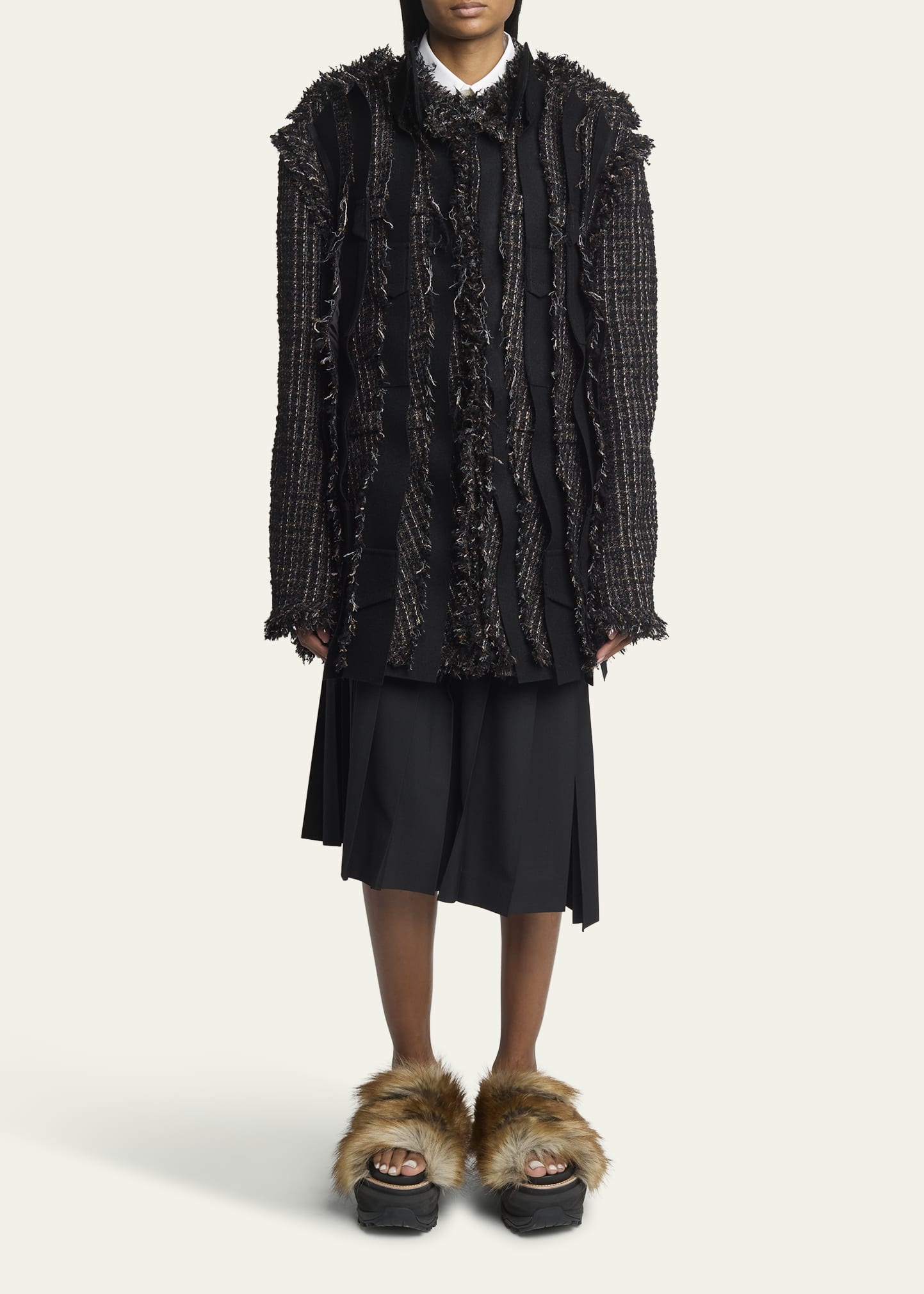 Fringe Layered Tweed Wool Coat - 2