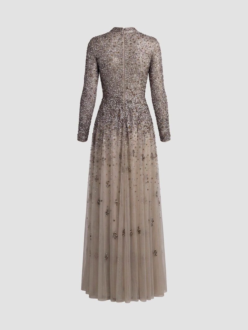 Women's Beaded Mesh Mock Turtleneck Gown - Taupe 5