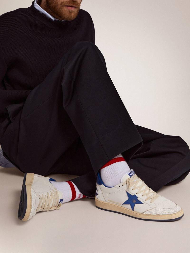 Golden Goose Men's Ball Star in white nappa with blue star and heel tab outlook