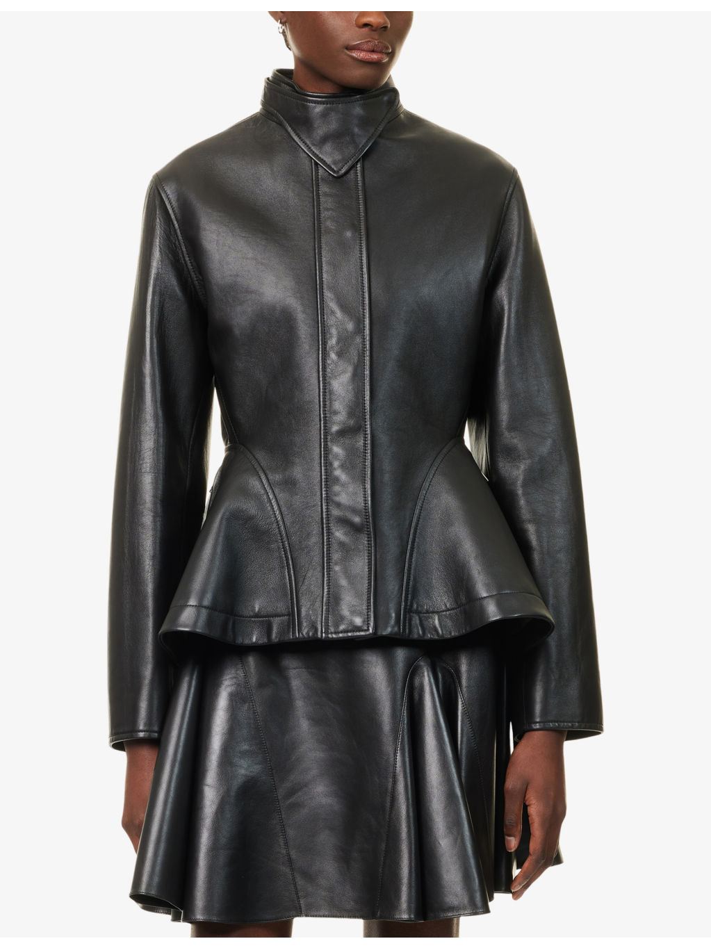 Peplum Band-Collar Leather Jacket - 3