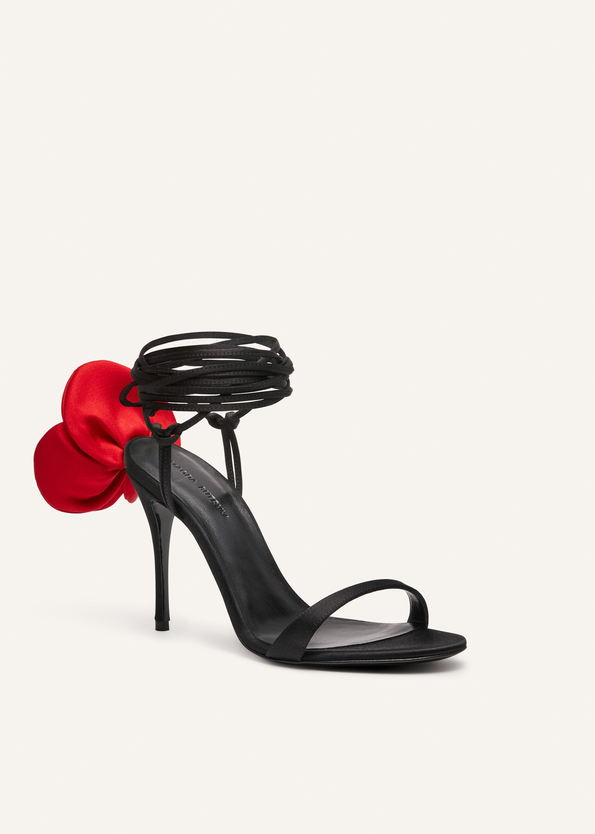 Double red flower heel sandals in black satin - 4