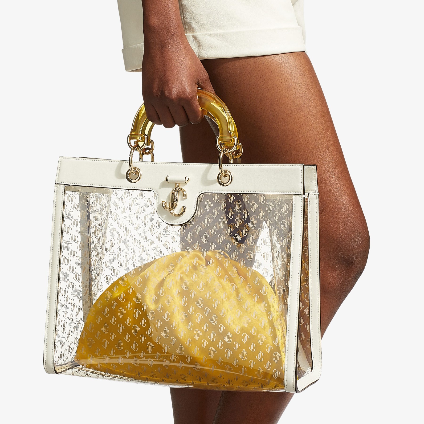 Varenne Top Handle Tote
Latte Leather Tote Bag with Yellow Plexi Handle - 3