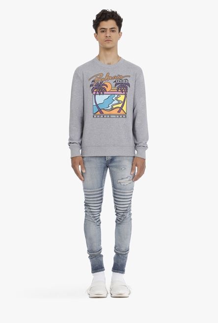 Gray cotton sweatshirt with multicolor Balmain Paris logo - 4