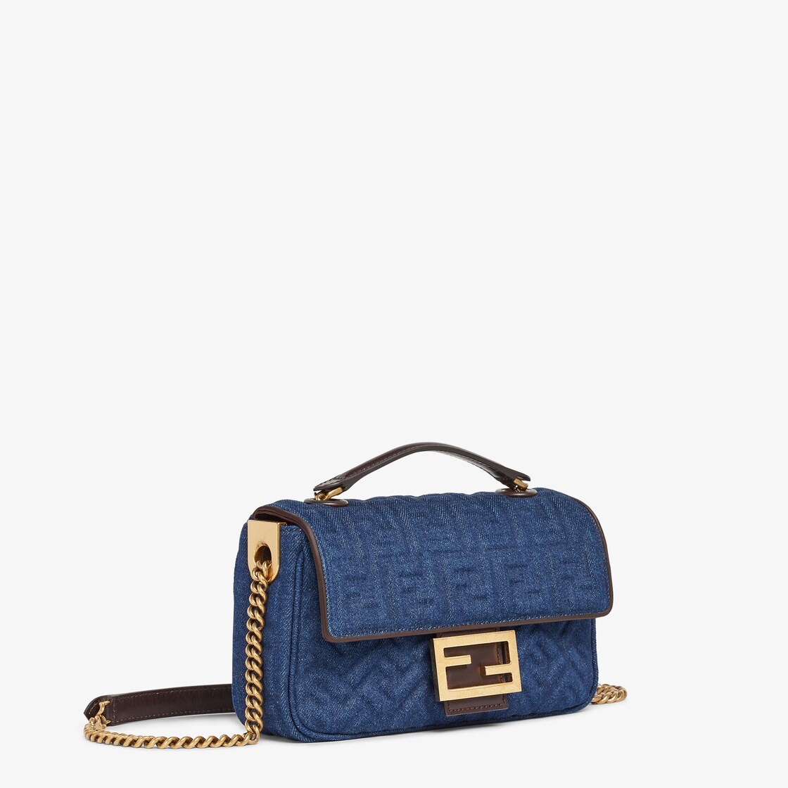 Iconic medium Baguette bag with chain, made of dark blue denim with a 3D texture FF motif. Decorated - 2