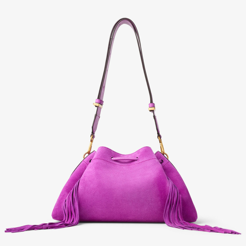 Cinch Medium Violet Orchid Suede Bucket Bag with Fringes 6