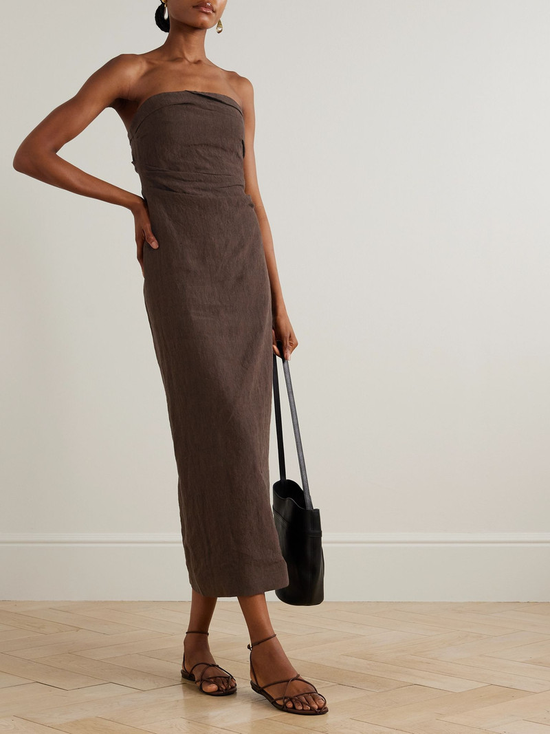 TOVE Sabella strapless gathered linen midi dress Brown outlook