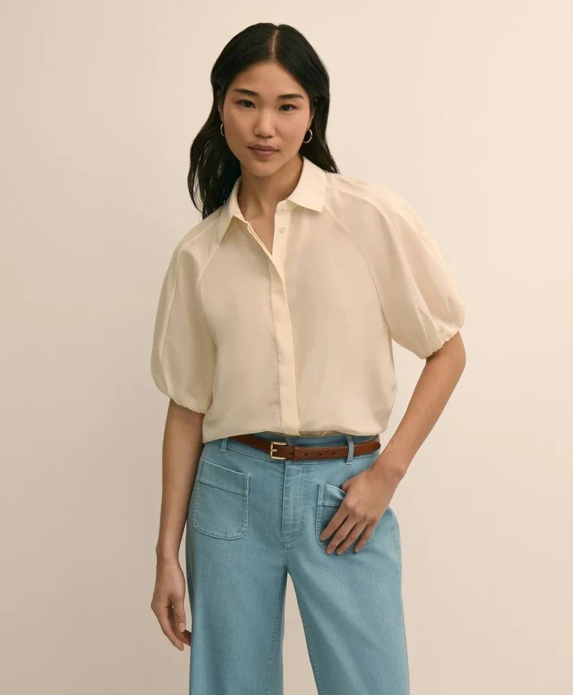 Silk-Cotton Elbow-Bubble-Sleeve Shirt - 1