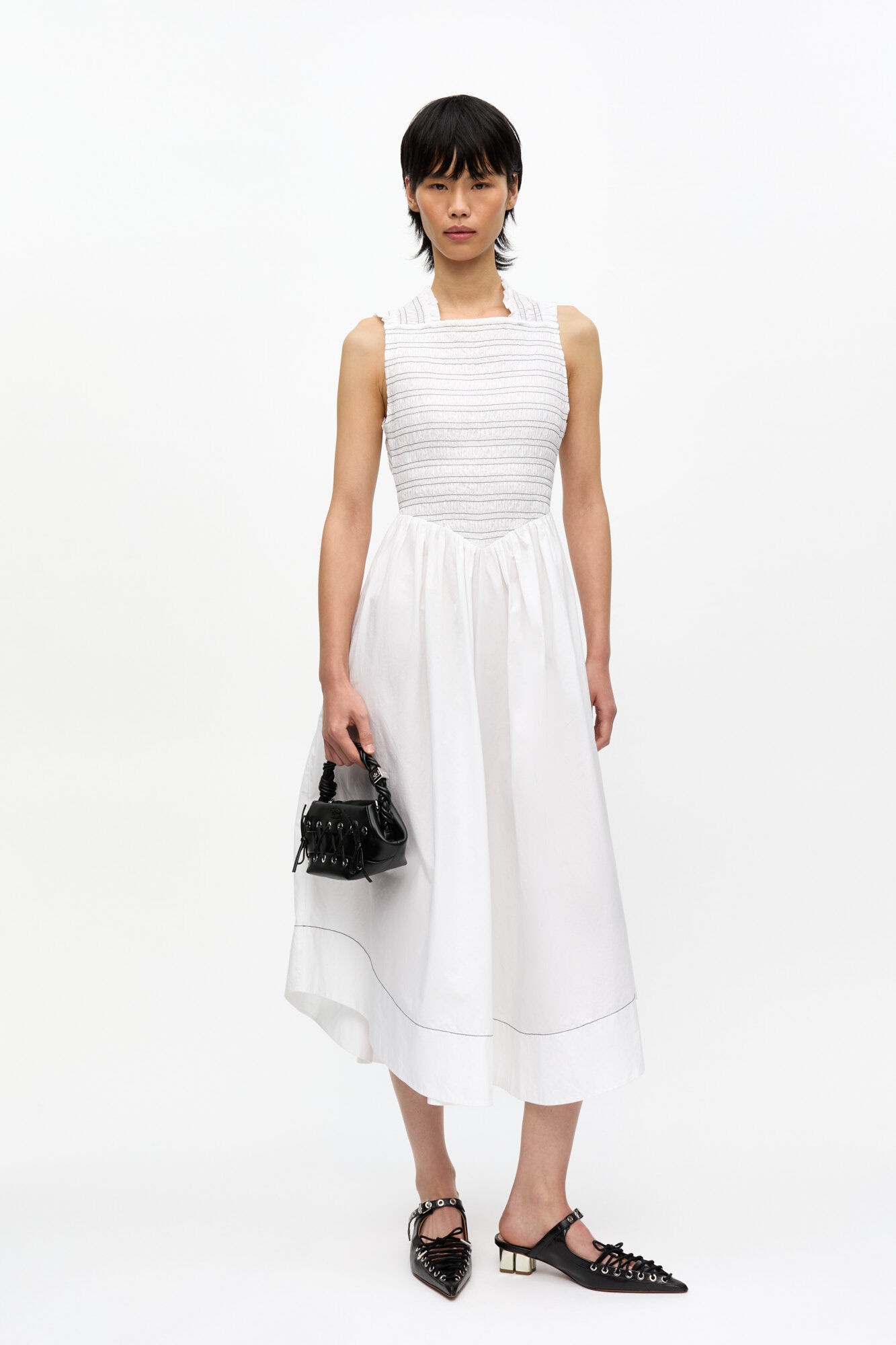 WHITE WASHED STRETCH COTTON SMOCK MIDI DRESS - 2