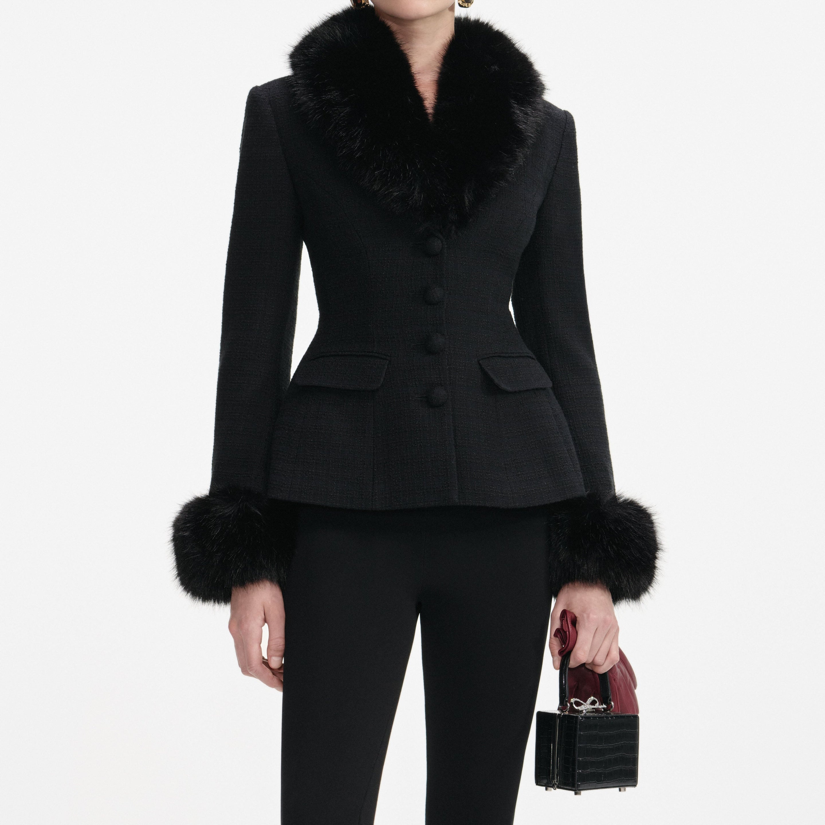 Black Tailored Boucle Fur Jacket - 4