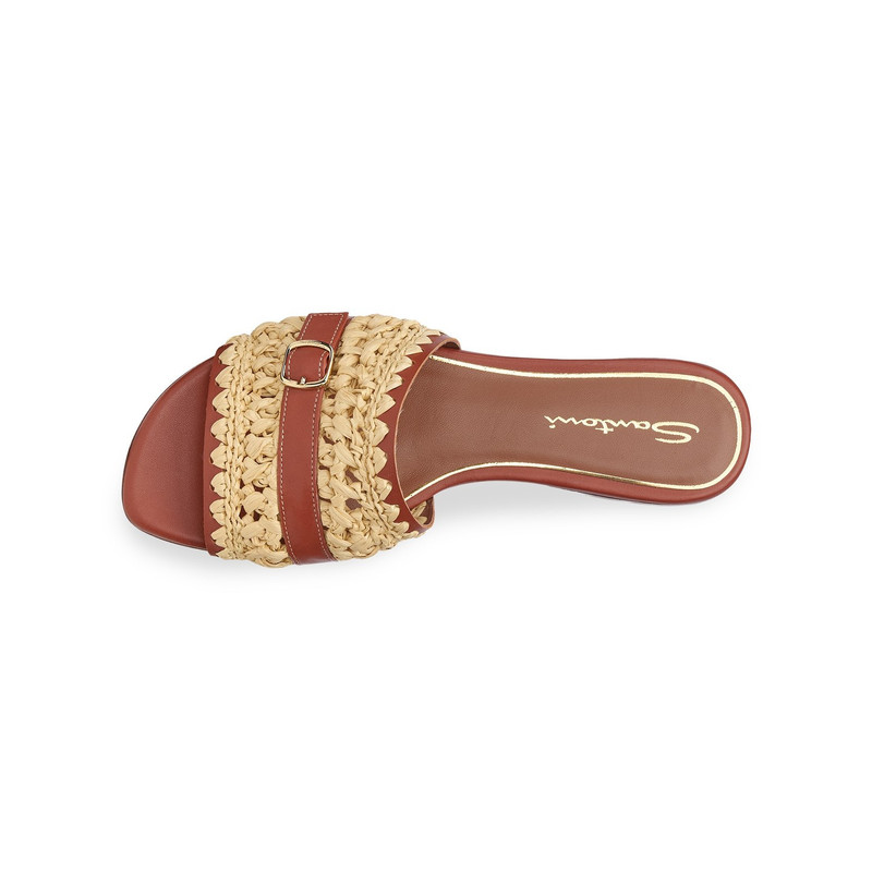 Women's brown leather and raffia slide sandal 4