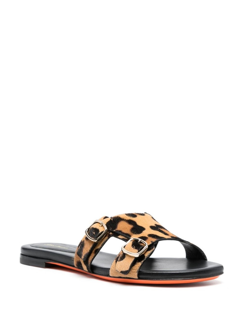 Santoni leopard-print double-buckle slides outlook