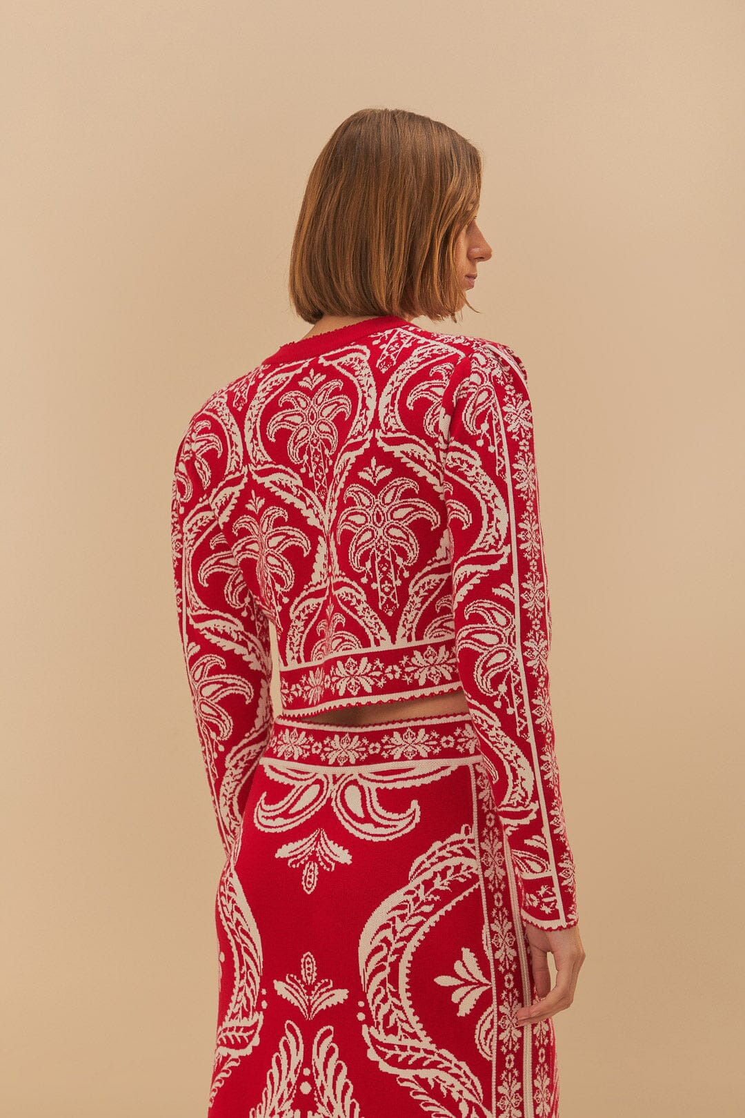 Red Tropical Jacquard Knit Cardigan - 4