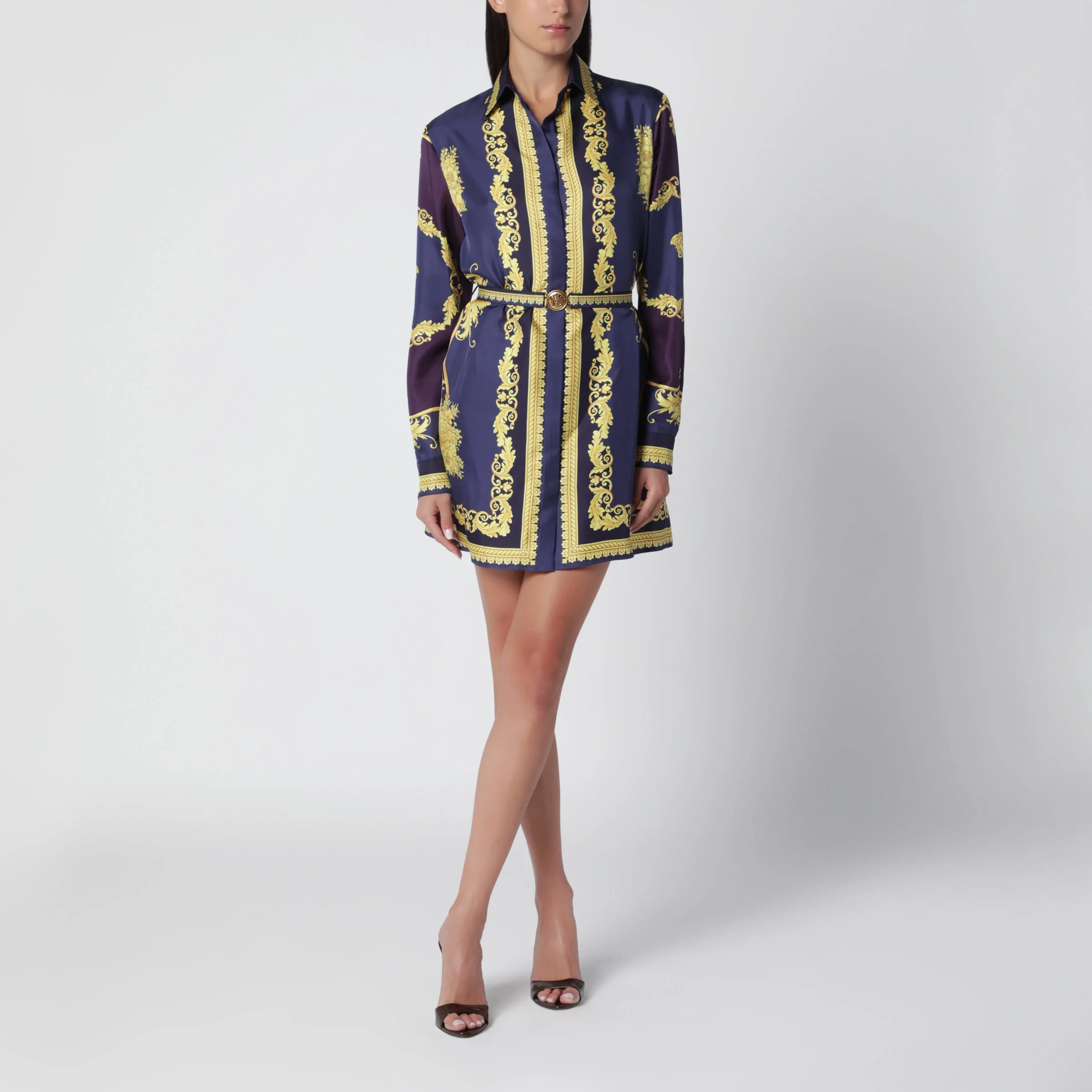 Eggplant chemisier mini dress with Baroque print - 1