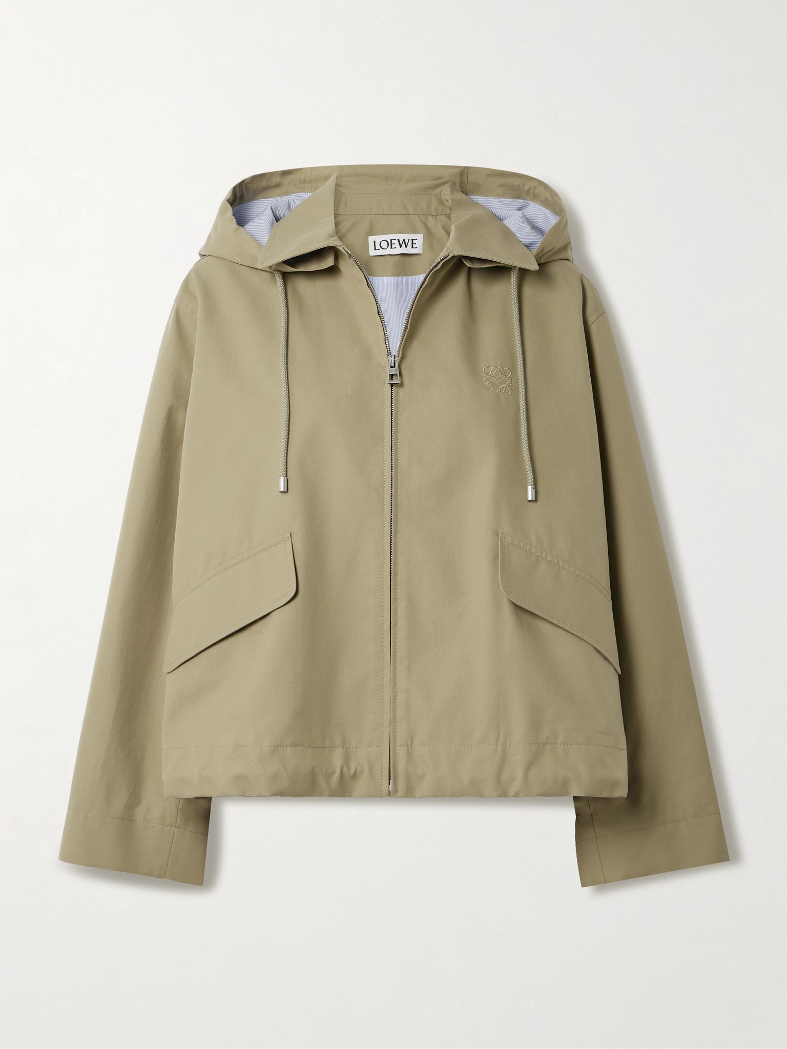 Hooded striped poplin-paneled embroidered cotton-twill jacket Beige - 1