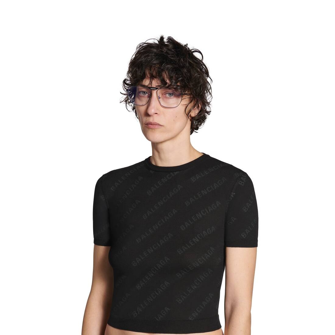 Women's Mini Allover Logo Short Sleeve Crop Sweater in Black - 5