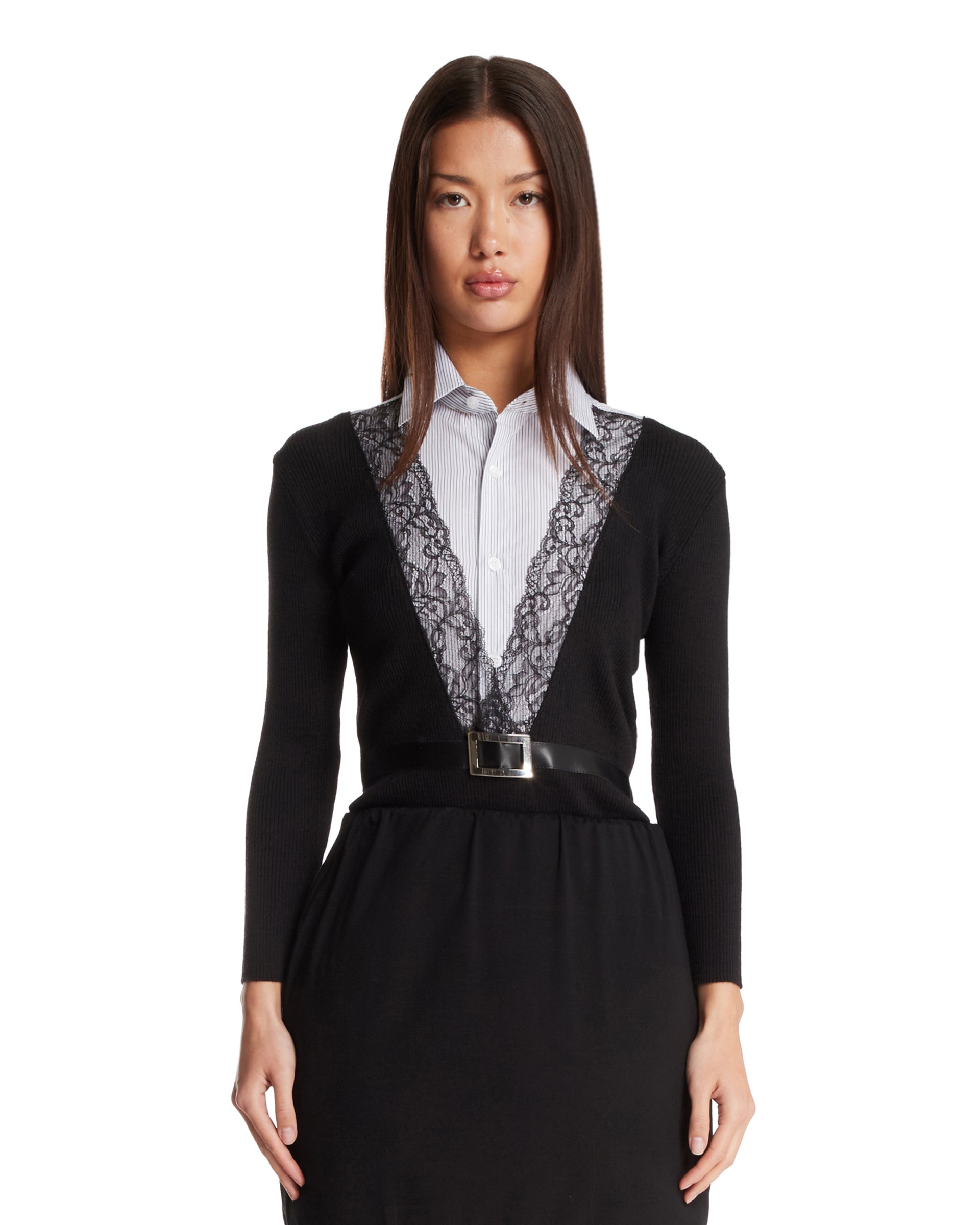 Black and Blue Striped Shirt-Cardigan with Belt - 1